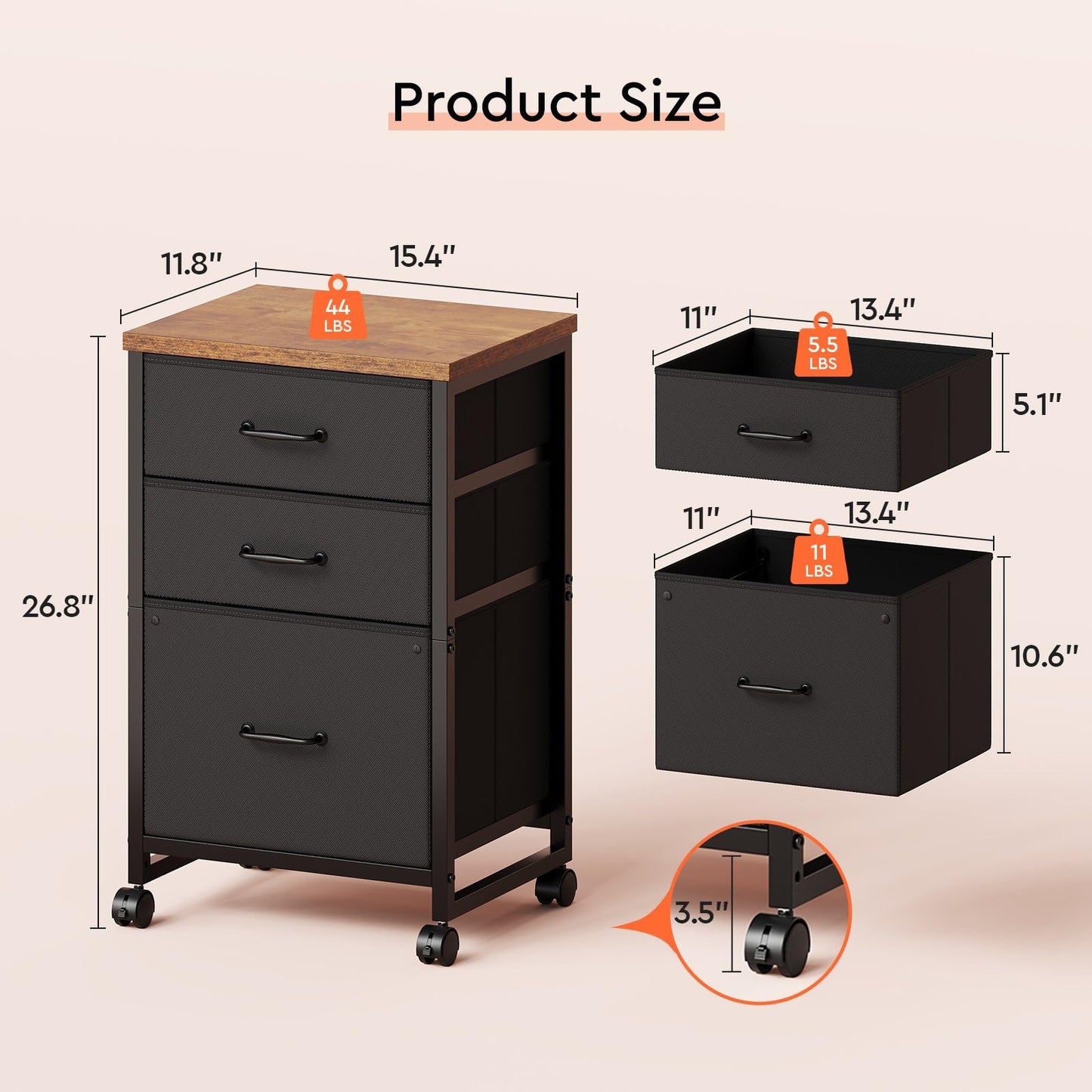 Maihail 3 Drawer Mobile File Cabinet with Wheels Fabric Vertical Filing Cabinet fits A4 or Letter Size for Home Office,Rustic Brown