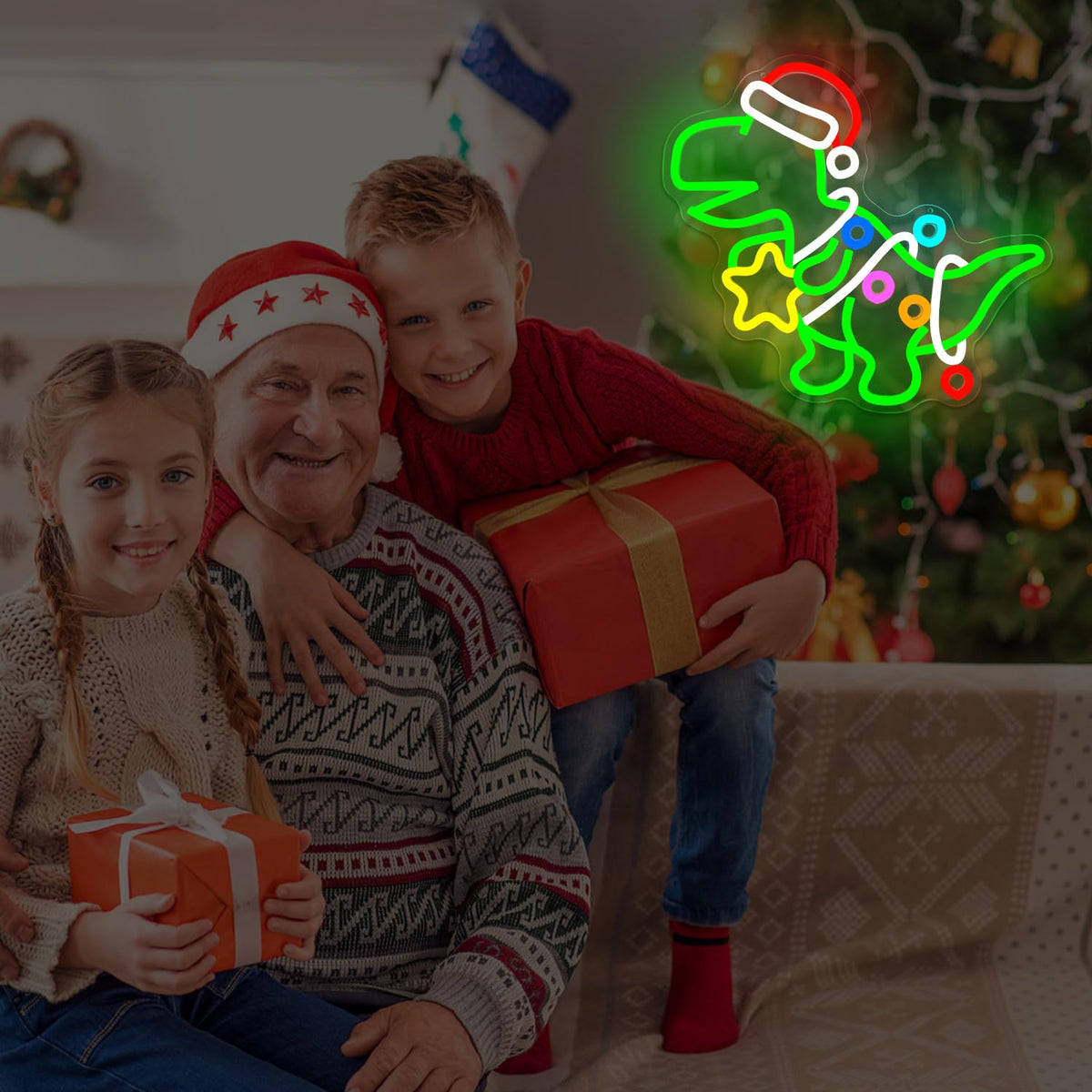 Jeanchrl Christmas Dinosaur Neon Sign Green Dinosaur Ornament LED Sign for Kids Bedroom Dimmable Dino Christmas Light Up Sign for Tree Windows Game Room Unique Neon Wall Art Decorations Gifts for Teens
