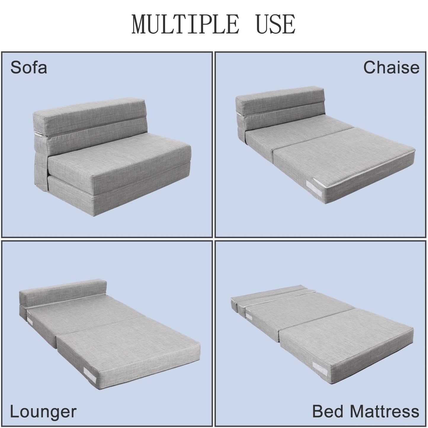 ANONER Folding Sleeper Chair Sofa Bed Lazy Couch with Pillow, Twin Size, Light Gray, Convertible Sleeper Chair and Foam Fold Out Chair Bed