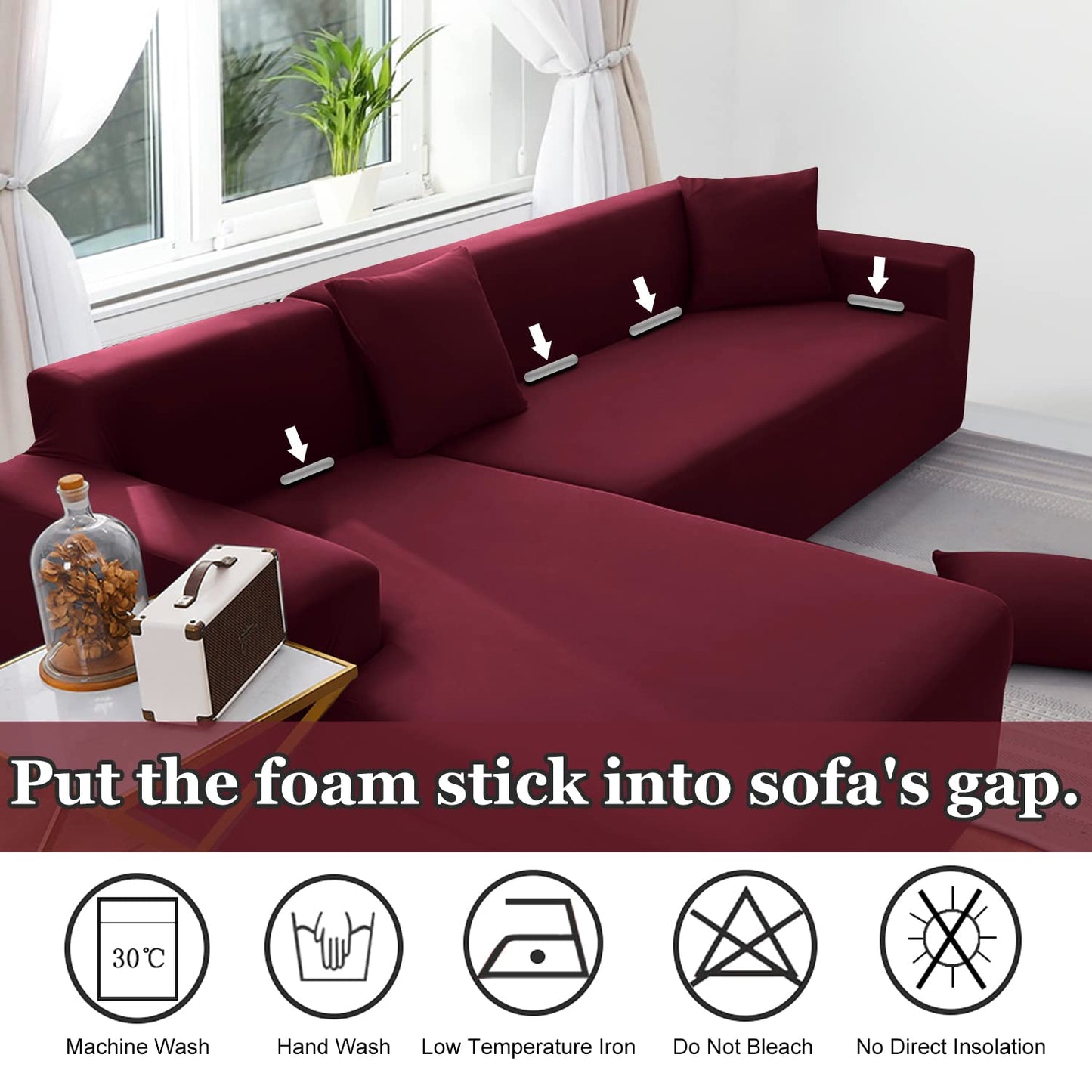 NAISI Couch Cover L Shape 2 Pieces Sofa Cover Soft Stretch Slipcovers with 2pcs Pillowcases Furniture Protector Sectional Couch Covers 3 Seater + 3 Seater(Burgundy)