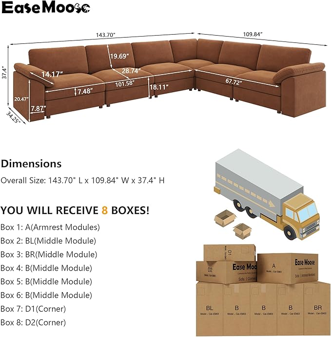 EASE MOOSE Oversized L Shape Sectional Couch, Extra Large Deep seat Brown
