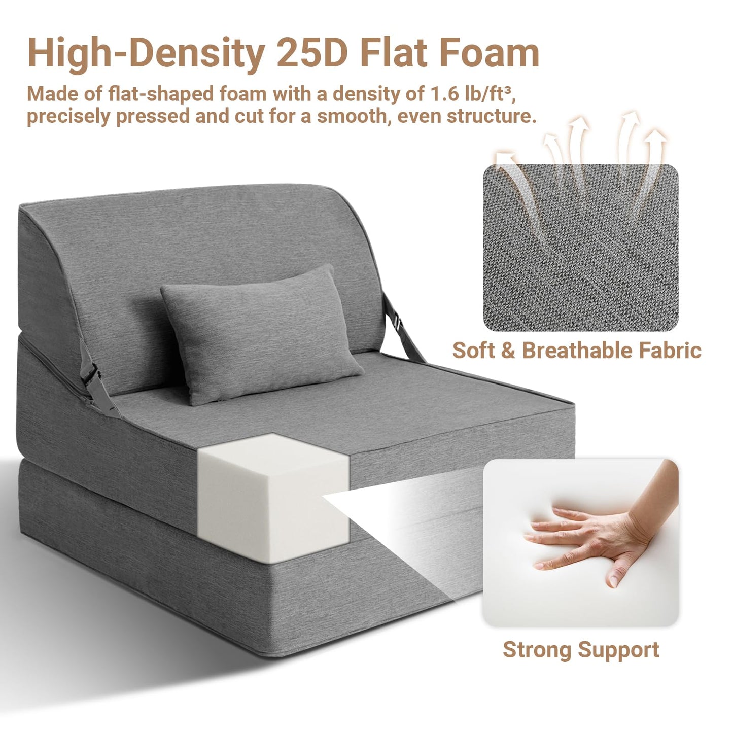 BeBen Folding Sofa Bed Chair, Convertible Sleeper Chair Futon Couch, Foldable Boneless Floor Lounge Sofa, Single Foam Chair Bed for Small Spaces, Dorm, Guest Room, Living Room, Apartment, Dark Grey