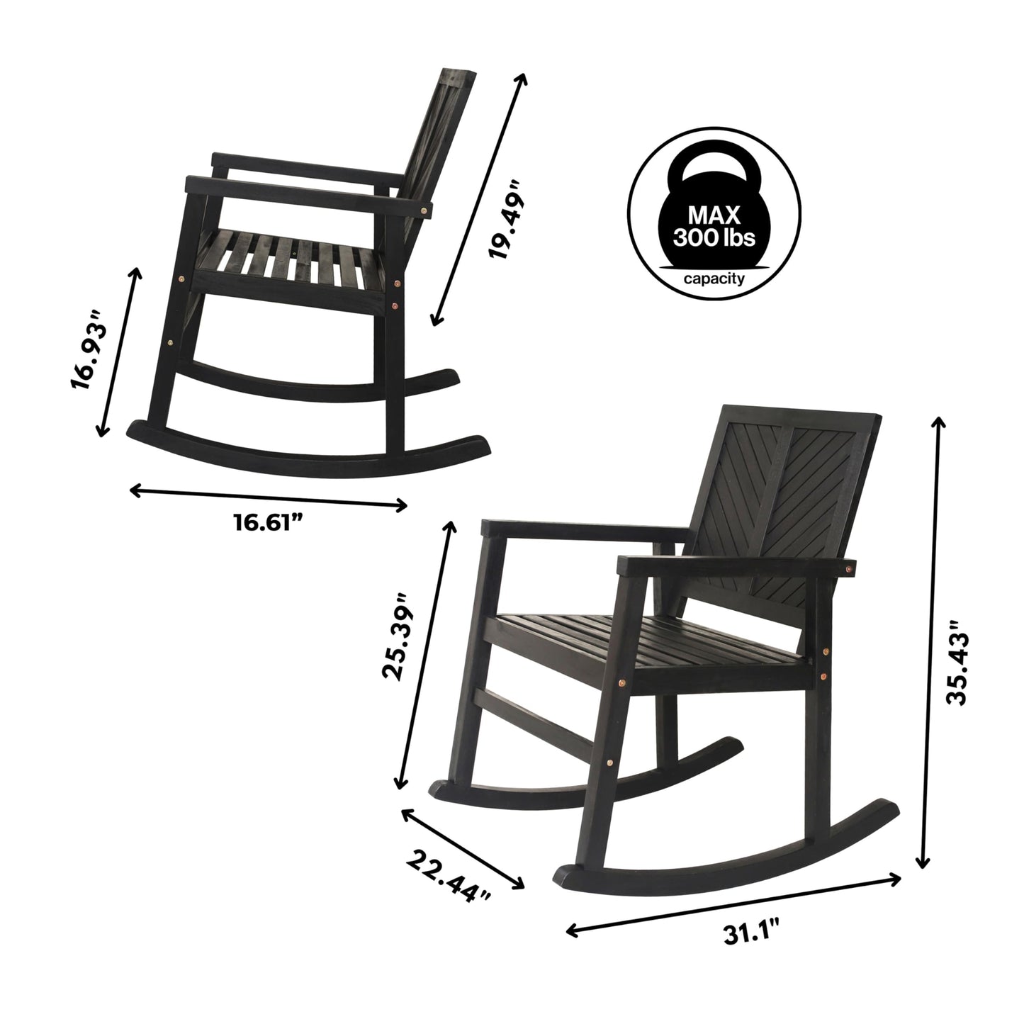 JONATHAN Y Ned Solid Acacia Wood Outdoor Rocking Chair, All-Weather Chevron High Back Porch Rocker for Patio, Deck and Garden, Farmhouse Black Finish Wood Armchair, 35" Height RCK100C