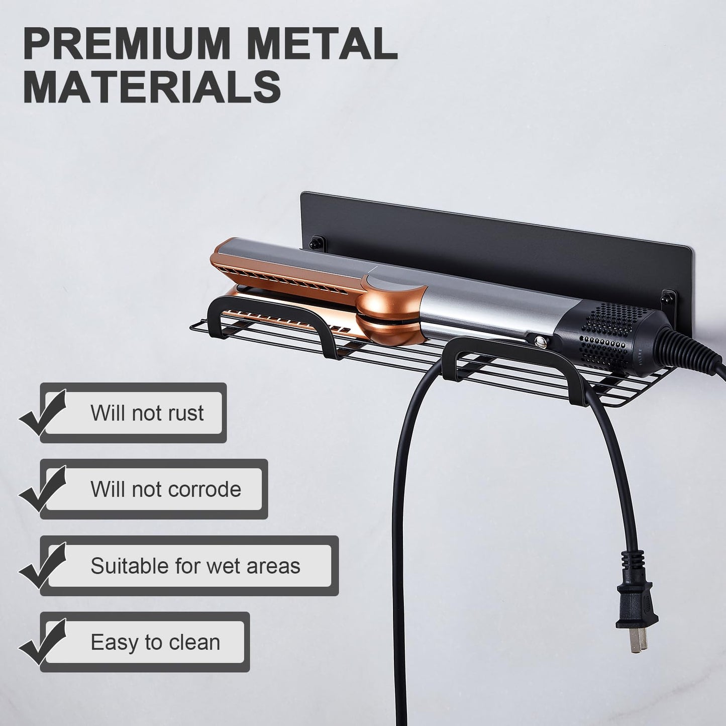 WAYASI Straighteners Holder Wall Mounted Metal Hair Dryer Holder for Curling Wands Accessories Adhesive Curling Iron Holder Hair Tool Organizer for Vanity Bathroom Barber Shops (Black)