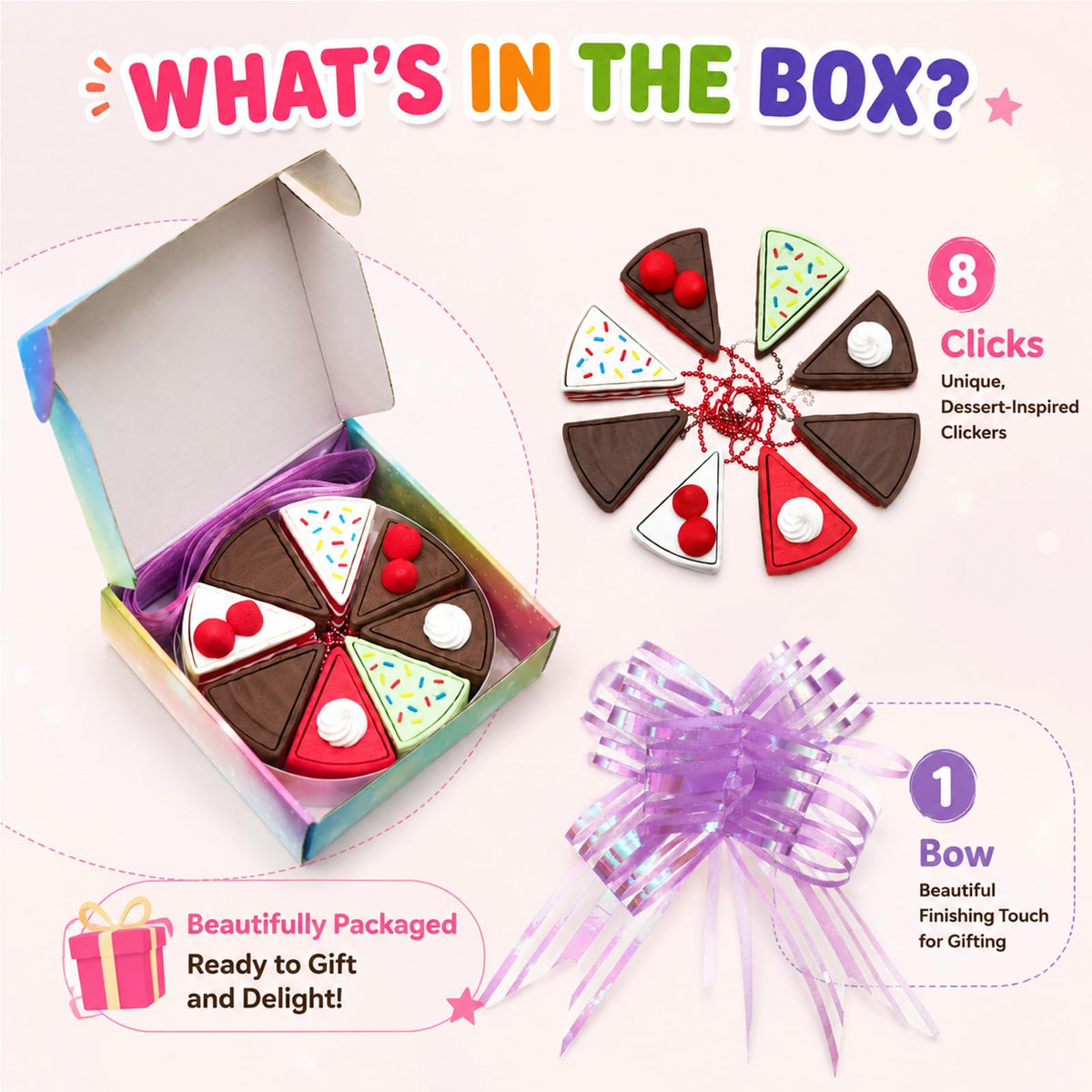 minihope Cake Slice Fidget Clicker Toy Set 8 Pack – Cute Sensory Stress Relief Toys for Kids Adults, Autism ADHD Anxiety Fidgets, Quiet Desk Toys for Office, Party Favors for Birthday Goodie Bags