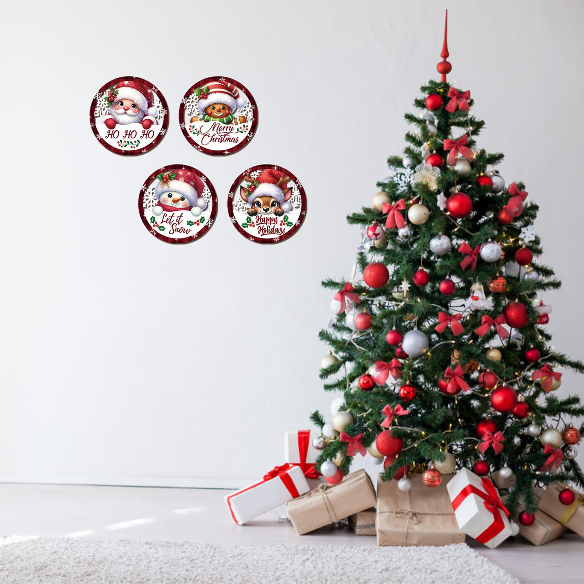 HOURIA 4PCS Christmas Wall Decorations Indoor, Merry Christmas Buffalo Plaid Wooden Hanging Wall Decor,10" Reindeer Gingerbread Man Snowman Sign,Xmas Holidays Wreath Sign for Living Room Bedroom