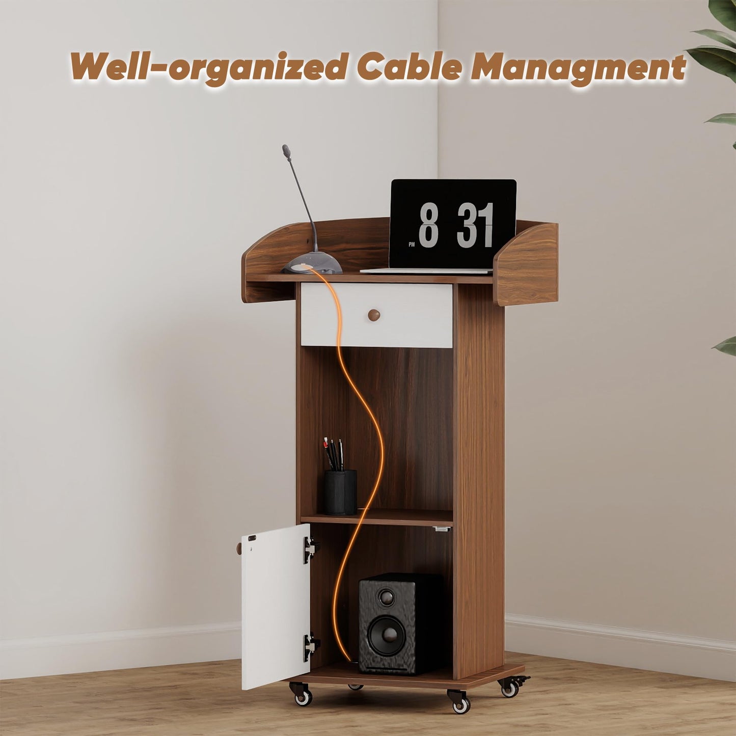 Suuiwau Mobile Wooden Podium Stand with Metal Wheels, Portable Pulpit with Drawer and Storage Cabinet, Built-in Cable Hole Lectern for Office Classroom Lecture Restaurant Church (Brown White)