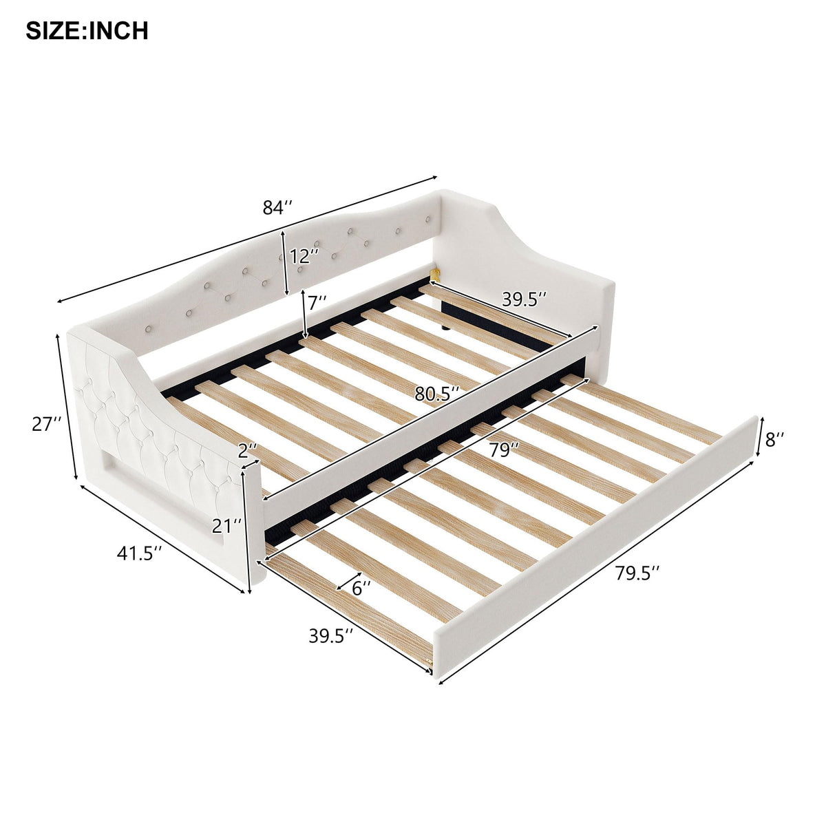 GDFStudio Twin XL Upholstered Daybed with Linen Fabric, LED Lighting Belt, Pull-Out Trundle, Sturdy Pine Wood Frame with Slats, Modern Beige Platform Bed for Users, No Box Spring Required, Beige