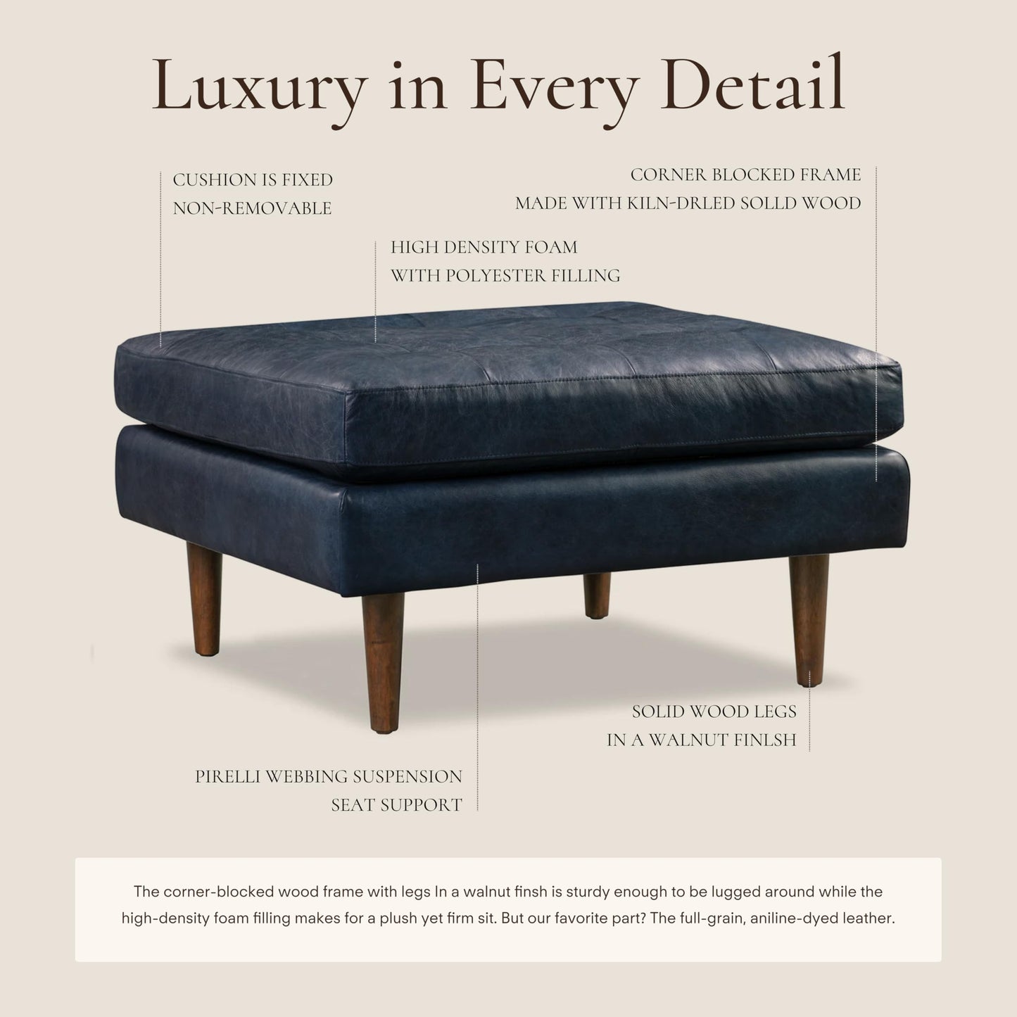 Poly & BARK Napa Ottoman in Full-Grain Semi-Aniline Italian Tanned Leather in Midnight Blue