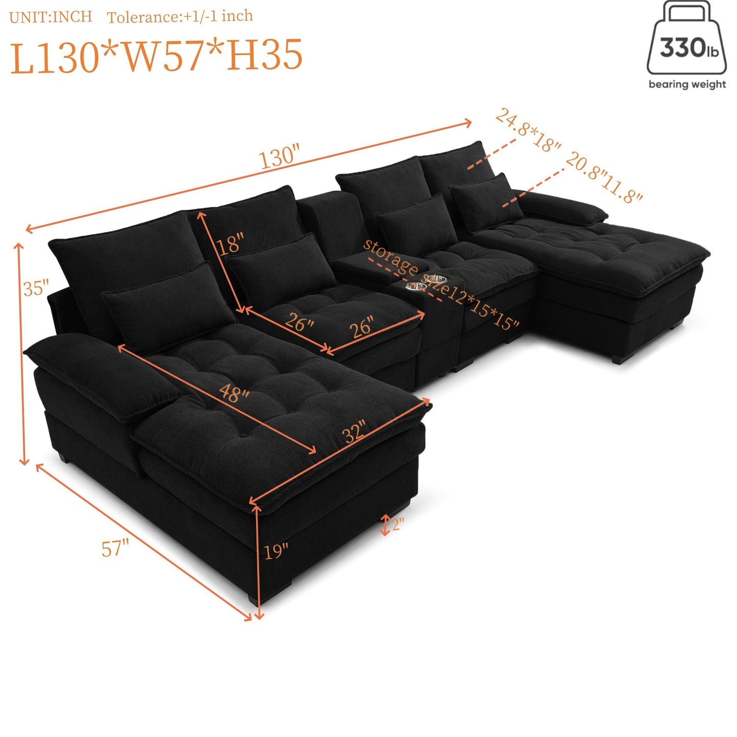 KEIKI U-Shaped 6 seat Sofa with Storage Console, Cup Holders, 130" Upholstered Sectional Sofa, Button Tufted Cloud Cushion Couch for Home, Office, Black