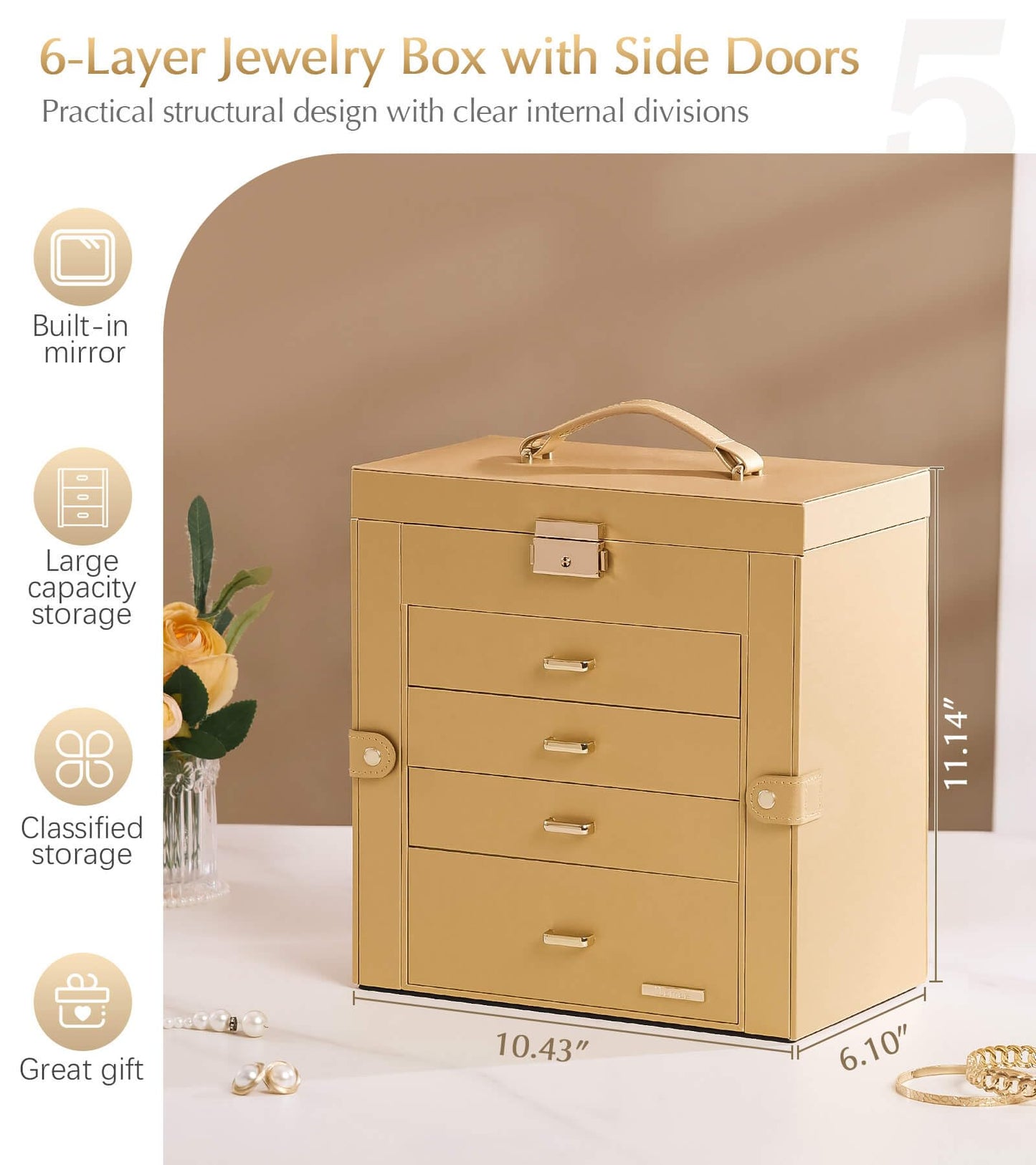 Homde Synthetic Leather Huge Jewelry Box Mirrored Watch Organizer Necklace Ring Earring Storage Lockable Gift Case (Gold)