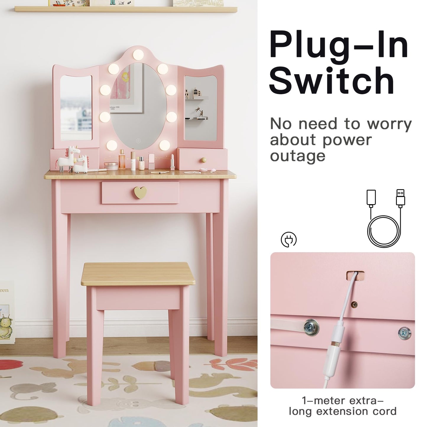 labebe Kids Vanity, Girls Vanity Desk with LED Changing Lights, Pretend Play Princess Vanity Set, Wooden Toddler Makeup Desk Dressing Table with Drawer and Chair (Pink)