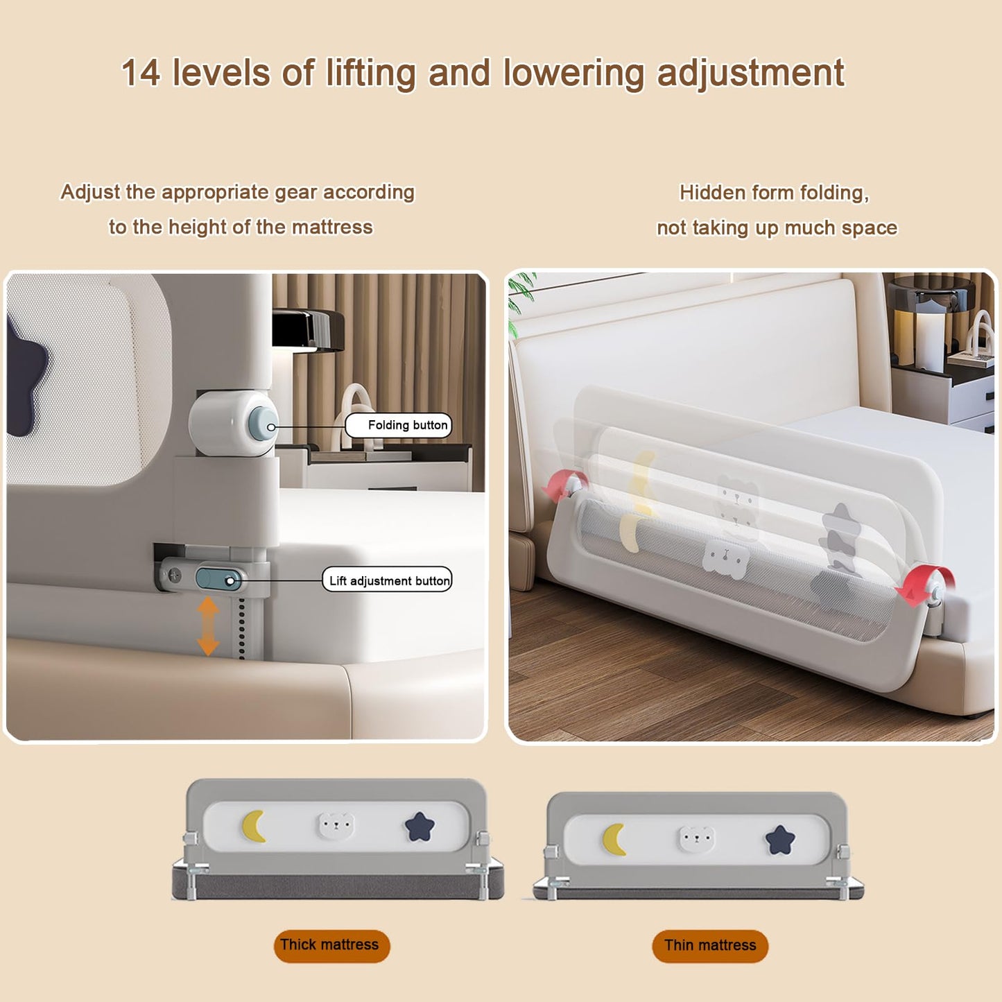 HIQNWTO Bed Rail for Toddlers, 71" Foldable Baby Bed Rail Guard with Drilled-Free Installation, Adjustable Height, Suitable for Twin, Full, Queen & King Size (Gray Patchwork, 71inch)