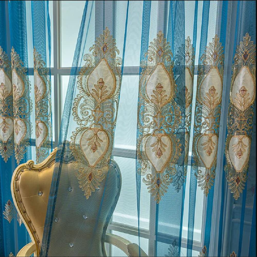 Amidoudou 1 Pair European Jacquard Sheer Curtains Luxury Embroidered Tulle Curtains for Living Room Bedroom (Blue and Gold,51x84 Inch)