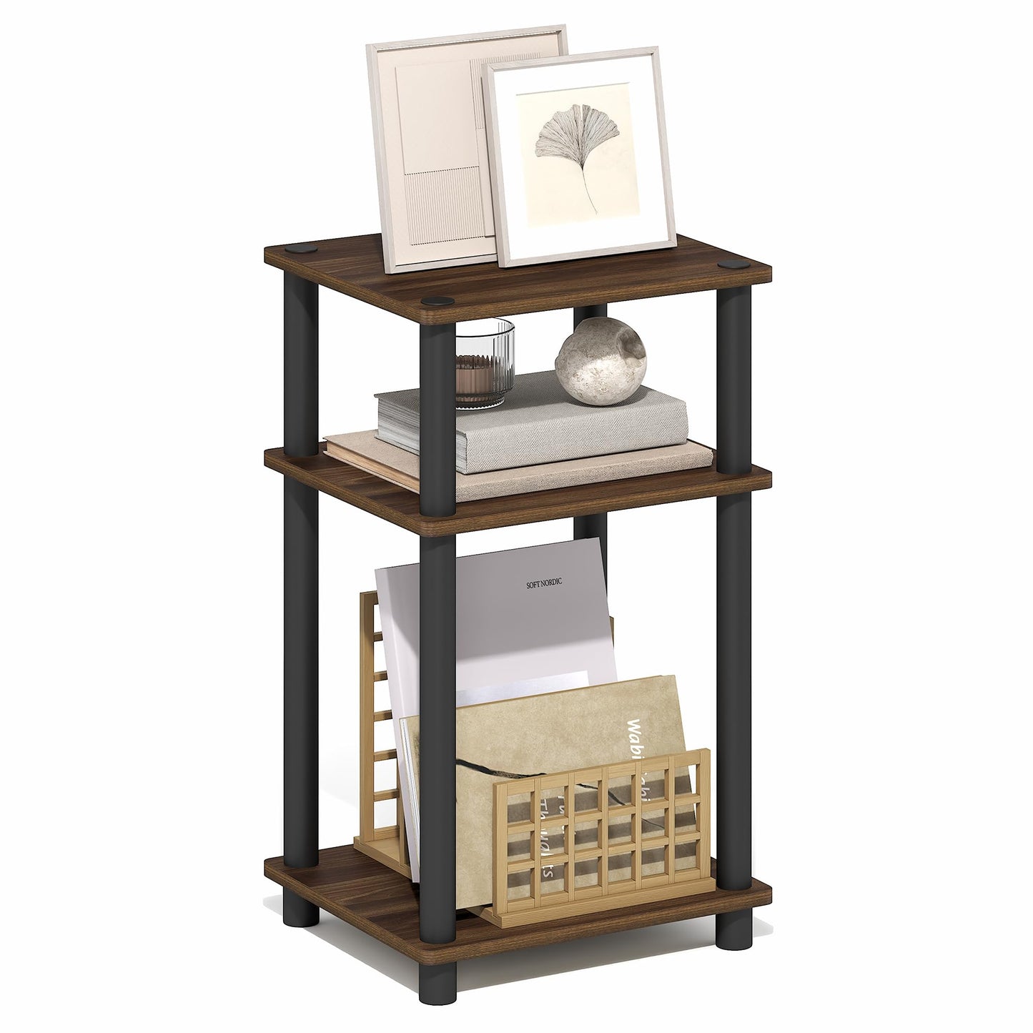 Furinno Turn-N-Tube Side Table, 3-Tier End Table with Open Shelf, Toolless Assembly Night Stand, Bedside Table, for Living Room, Bedroom, Brown Walnut