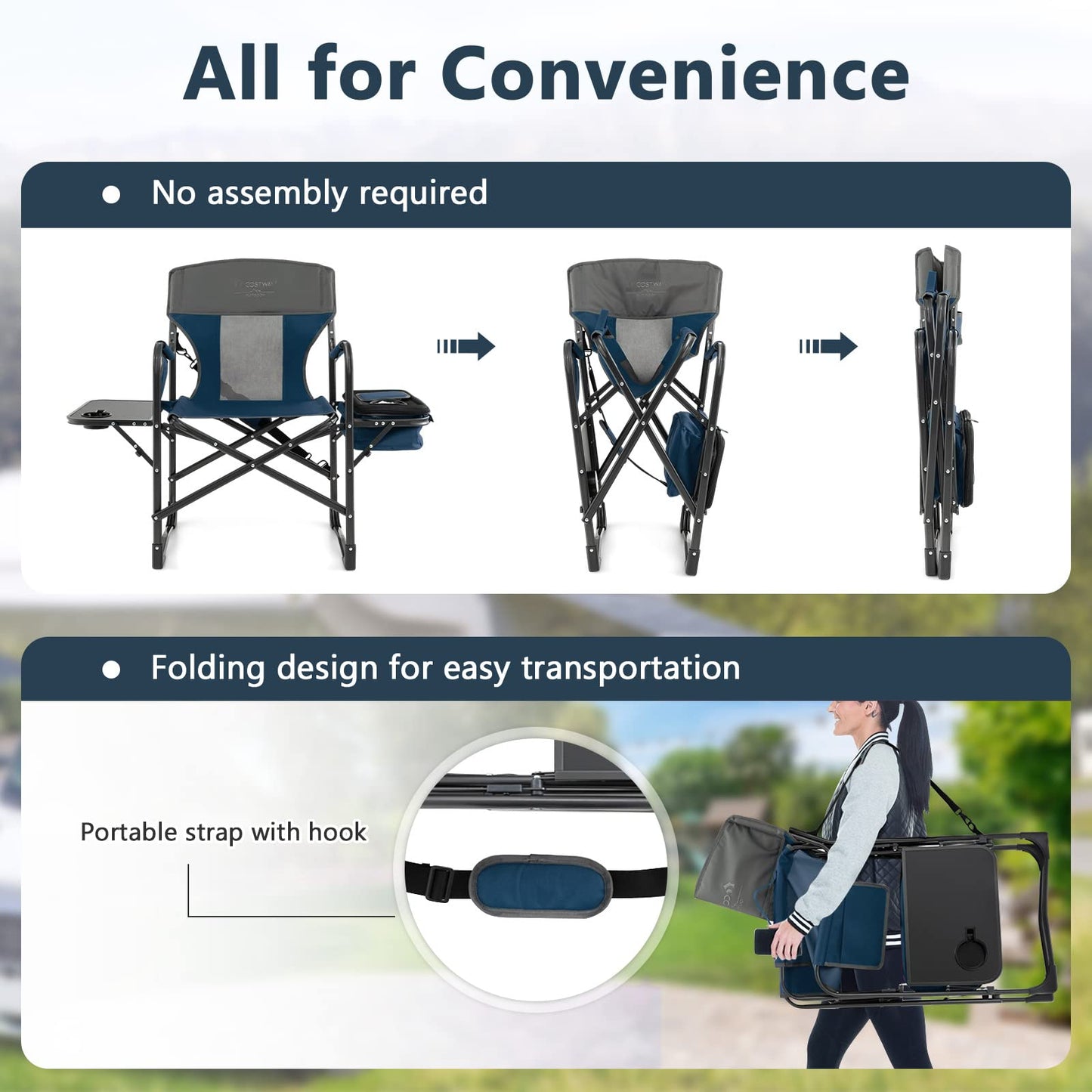 COSTWAY 2-Pack Folding Camping Chair, Heavy-Duty Director Chair Supports 400lbs for Adults with Side Table, Cooler Bag, Storage, Strap, Portable Makeup Chair Set of 2 for Fishing Picnic, Blue