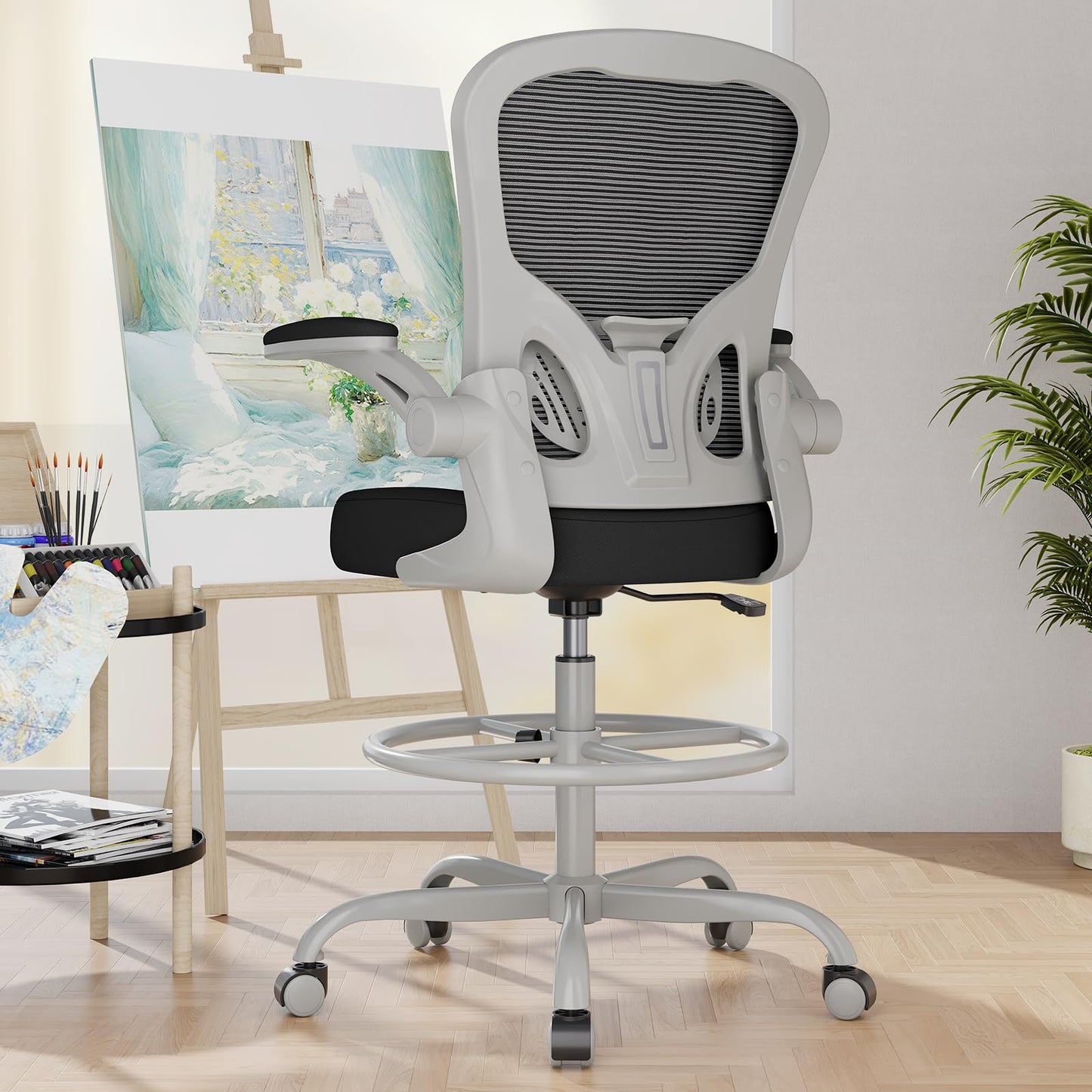 Synorla Ergonomic Drafting Chair, Tall Mesh Office Chair with Flip-up Armrests, Lumbar Support Adjustable Footrest Ring for Standing Desk Gray Pink