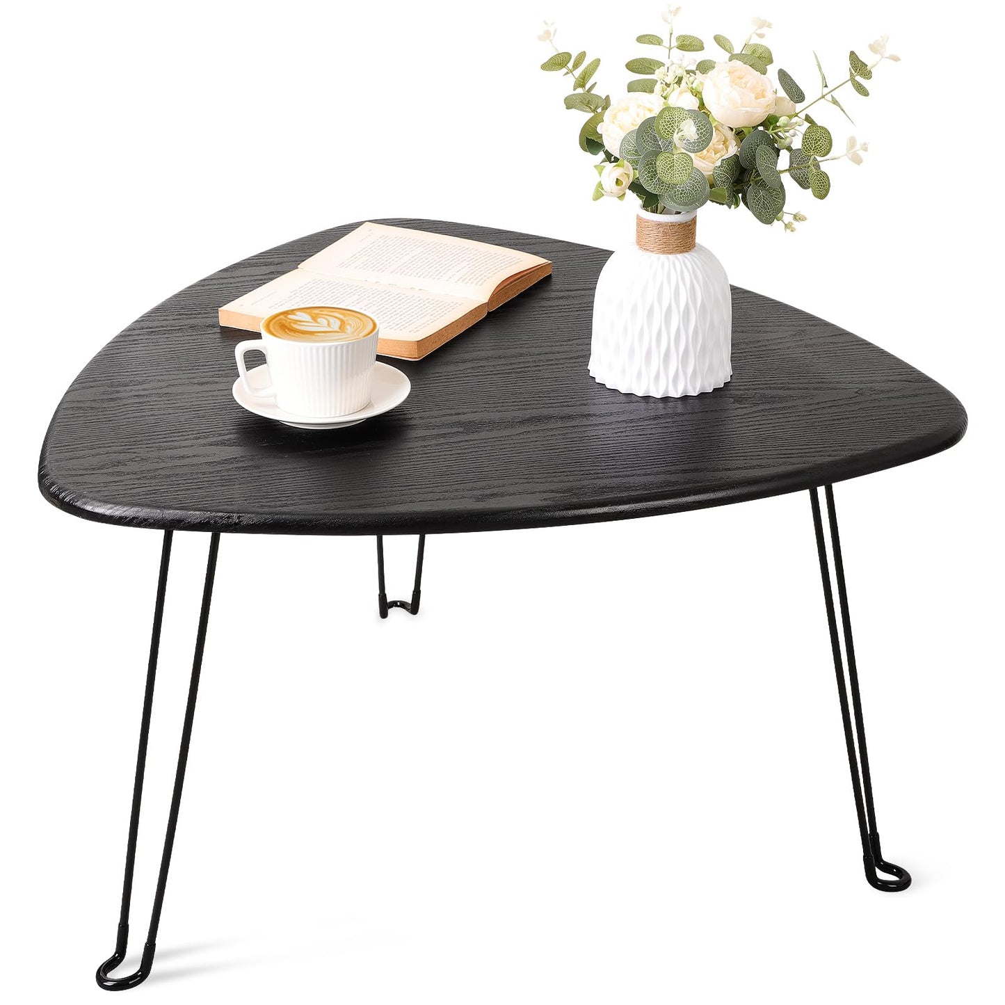 Black Folding Coffee Table Wooden Triangle Floor Table Desk for Sitting on The Floor Coffee Tables Small Oval Coffee Table Mid Century Modern Center Sofa Table for Living Room Home Office