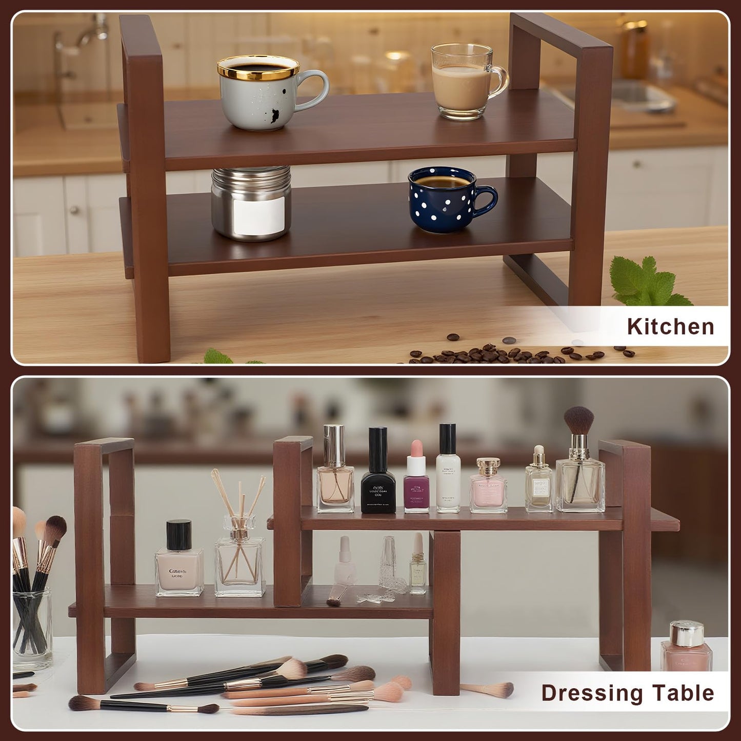 Desk Shelf, 100% Solid Wood Adjustable Desktop Bookshelf, No Tools or Nails Required Retro Tabletop Bookshelf, 130lb Load Capacity for Living Room, Office, for Books, Cookbooks, Walnut Colour