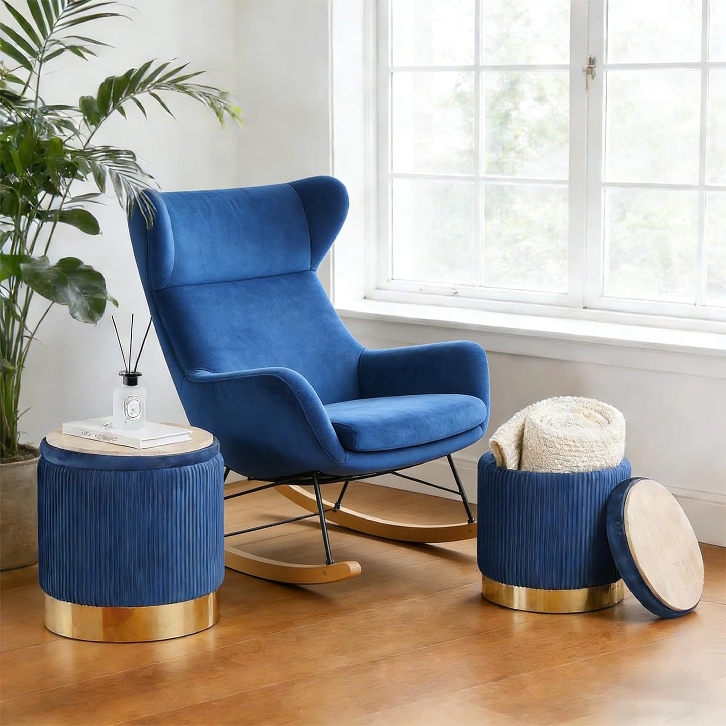 2BYF Blue Round Ottoman with Storage Set of 2 Upholstered Velvet Vanity Stool for Living Room Small Ottoman Coffee Table with Removable Lid Foot Stool for Living Room, Bedroom, Hallway, Assembly Free