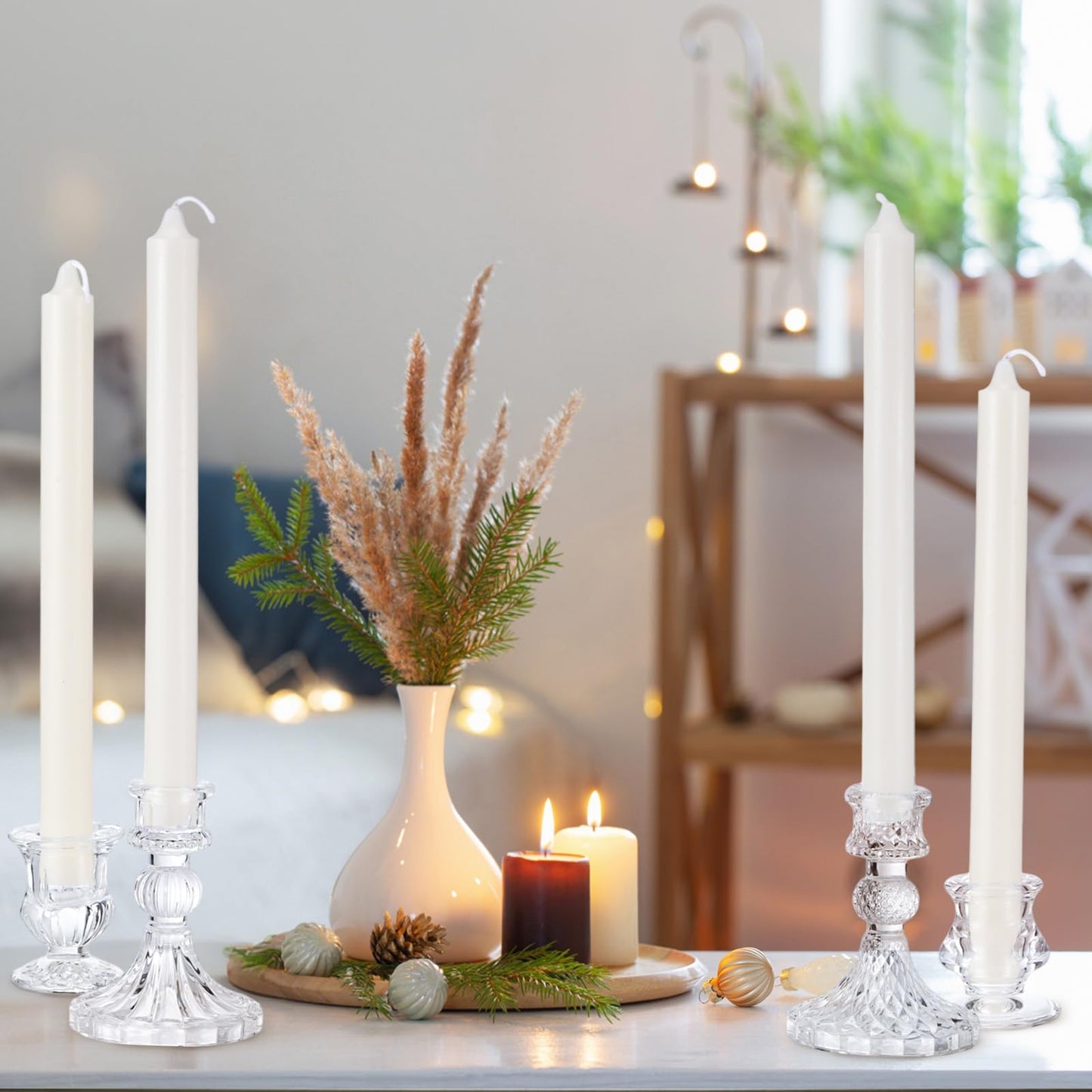 Mumufy 40 Sets Glass Crystal Taper Candle Holders Stand Centerpiece Bulk with 10 in Taper Candles Sticks Clear Decorations Table Wedding Dining Party (Transparent)