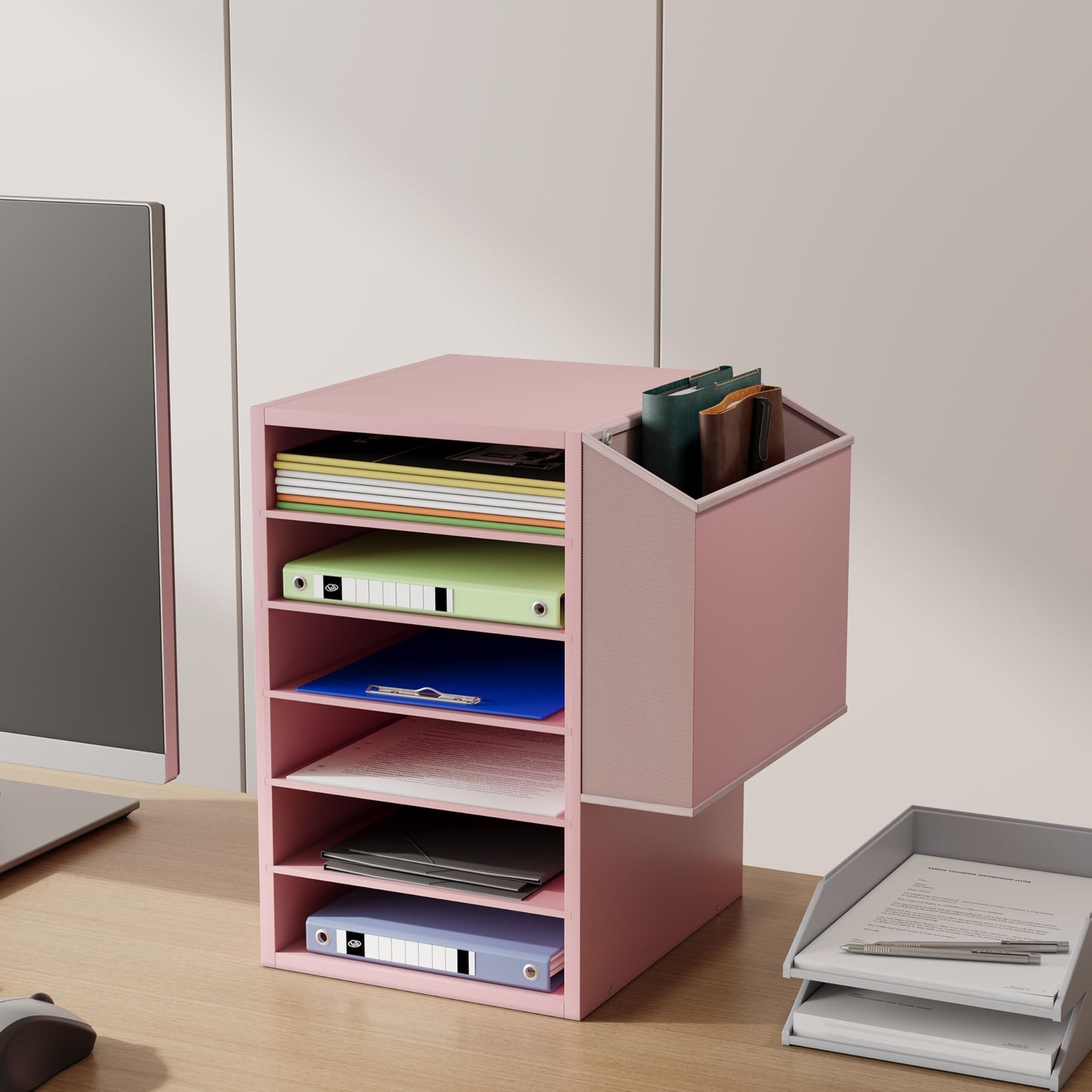 Unionly 6 Tier Adjustable Countertop Mail Sorter, Mailboxes With Name Slots, Literature Organization Paper Storage Slot, Office Desk File Organizer, Wooden Desktop Mailbox for Classroom(Pink, 6 Slots)