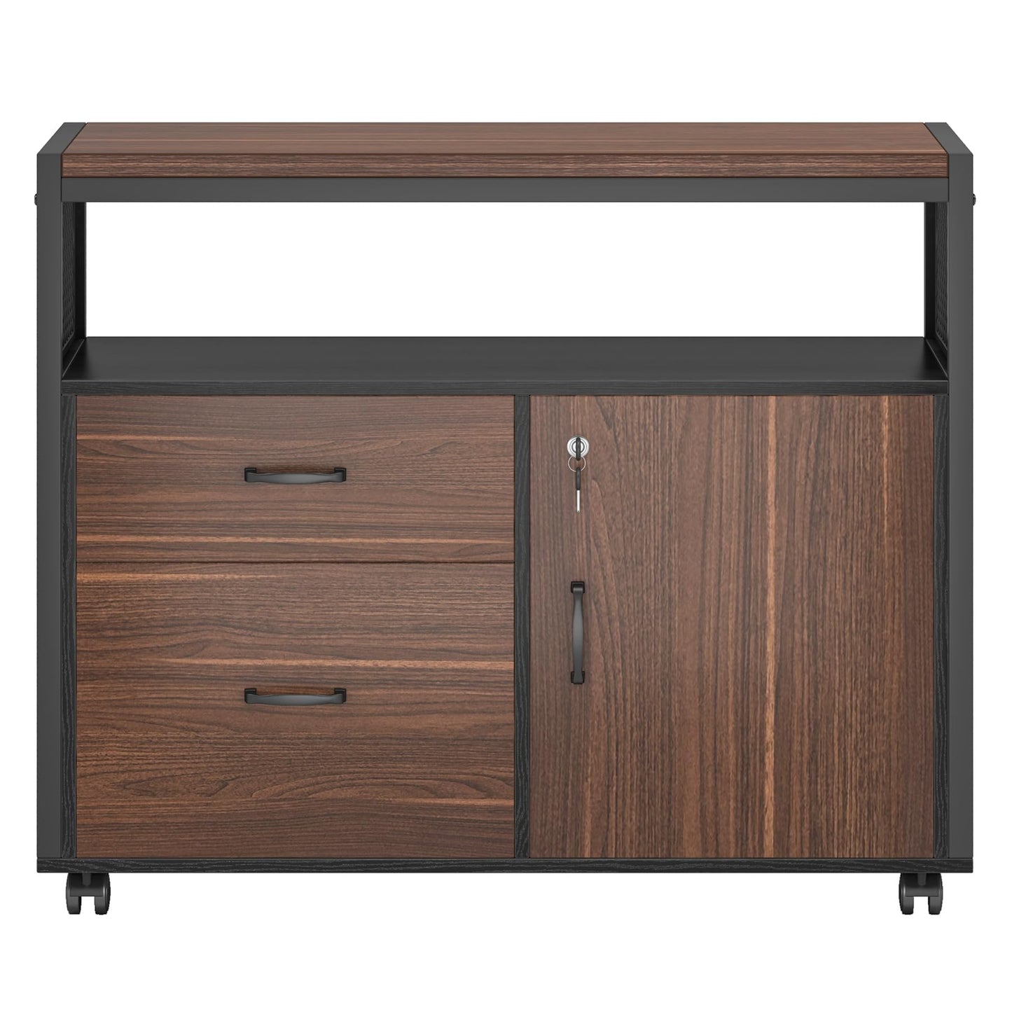 Tribesigns Modern File Cabinet with Drawers for Letter-Sized File and Door, Lockable lateral Filing Cabinet Printer Stand with Storage Shelves and with Rolling Caster for Home Office (Dark Walnut)