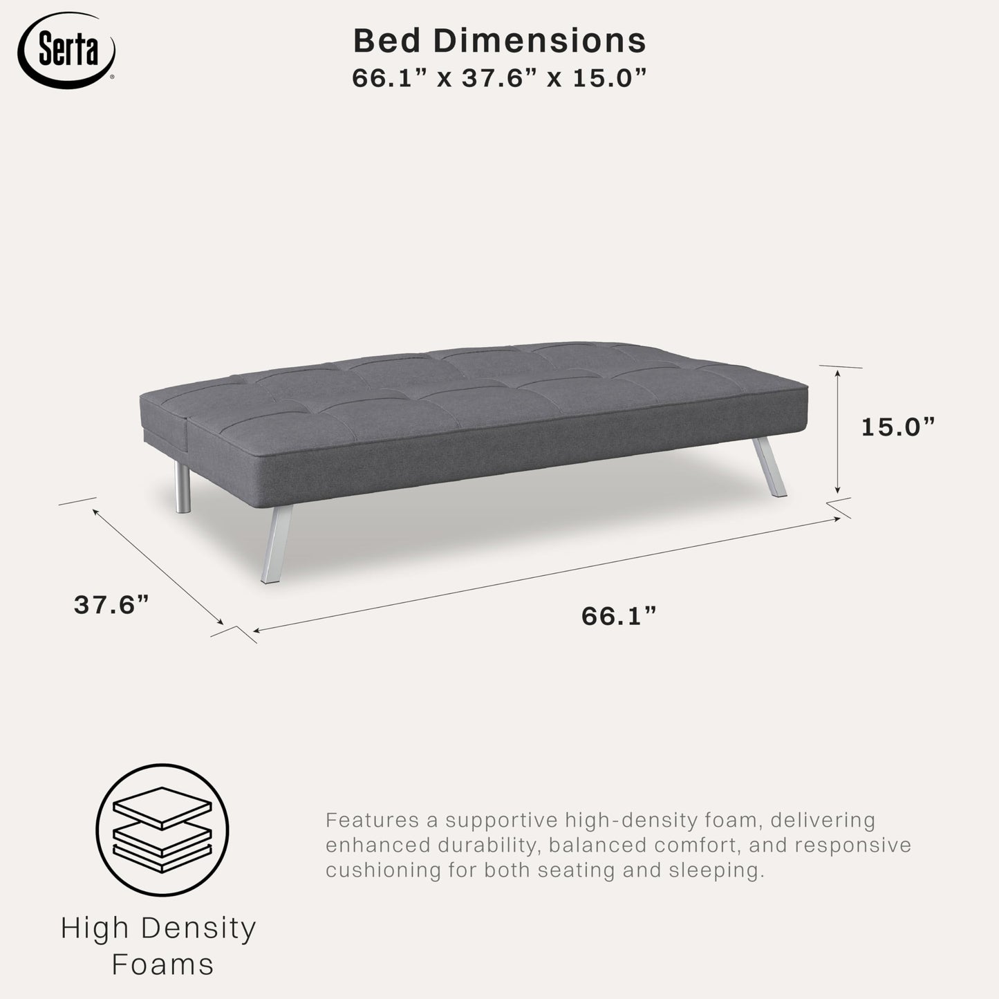 Serta® Rane Futon Sofa Bed 66.1", 3-in-1 Convertible Couch Sleeper for Small Spaces, Tufted Back, Twin Size Guest Bed, Chracoal Woven Fabric