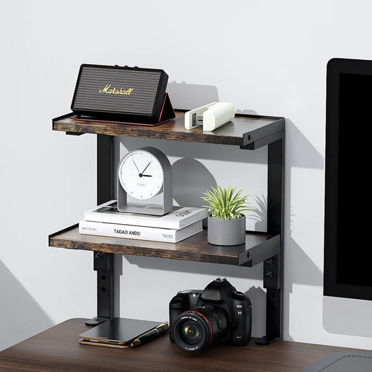 OUTIOE 2-Tier Desk Shelf, Expandable Under Desk Storage, Clamp on Desk Shelf, Desktop Accessories for Offices, Study Rooms, and Game Rooms (Wood)