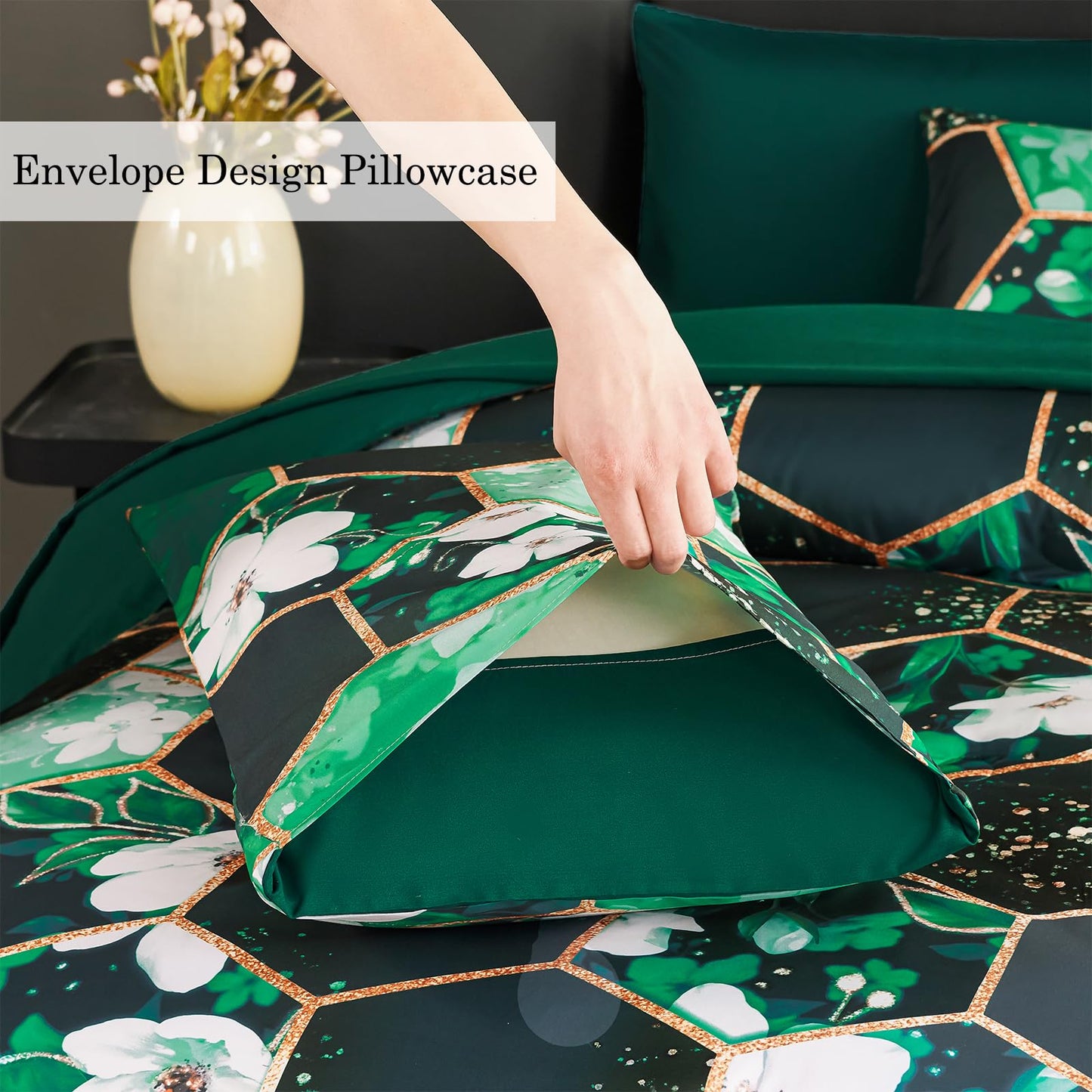 ZRNBAST Emerald Green Queen Size Comforter Set, 7 Pieces Bed in a Bag, Soft Microfiber Floral Bedding Sets, Geometric Bed Set with Sheets All Season(Green Floral,Queen)