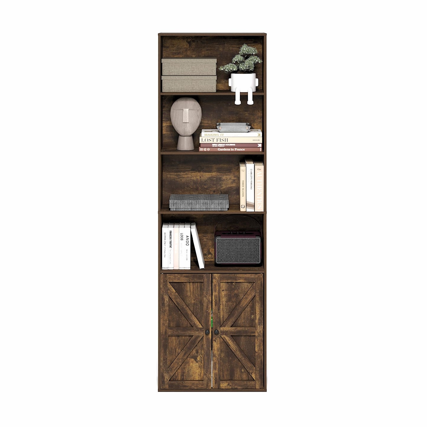 Furinno Jensen Book Shelf, 6-Tier Farmhouse Bookshelf, Display Bookcase with Doors, 9.2" x 21.6" x 71.2", for Organization and Storage, for Living Room, Bedroom, Home Office, Amber Pine