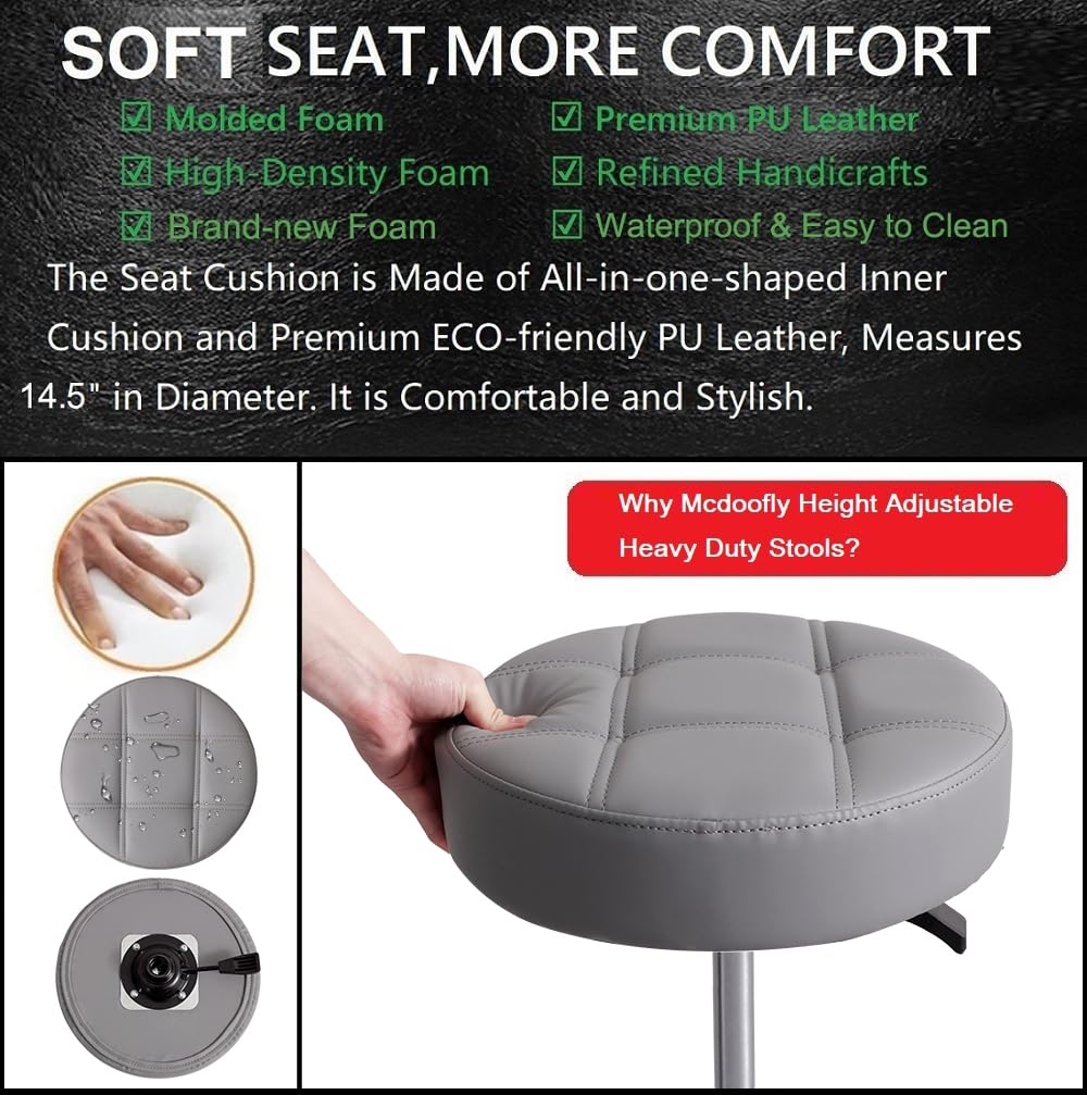 McDooFly Height Adjustable Heavy Duty Stools Salon Stool Chair with Bell Glides for Home Bar Kitchen Office Shop Tattoo Lash Tech Pedicure (Grey with Bell Glides, Height 22 to 30 in)