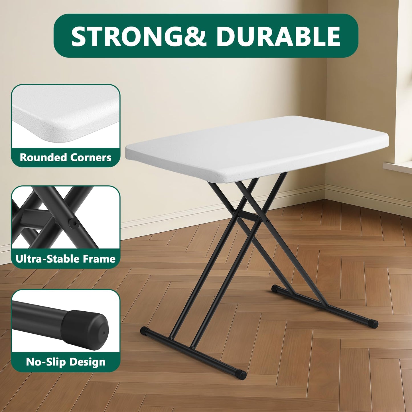 FurniEdge 30 Inch Folding Table, Adjustable Height TV Tray for Small Spaces, Heavy Duty Foldable Utility Table for Laptop, Dining, Camping, No Assembly, 200 lbs Capacity, White Granite