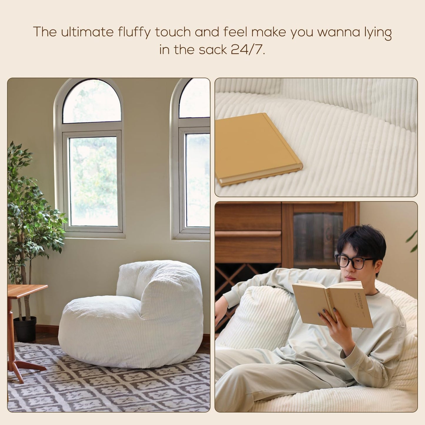 N&V Large Crescent Bean Bag Chair, Adult Size Bean Bag Sack, Foam Filling, Soft Premium Corduroy Bean Bag for Living Room Bedroom Dorm and Office (Lime)