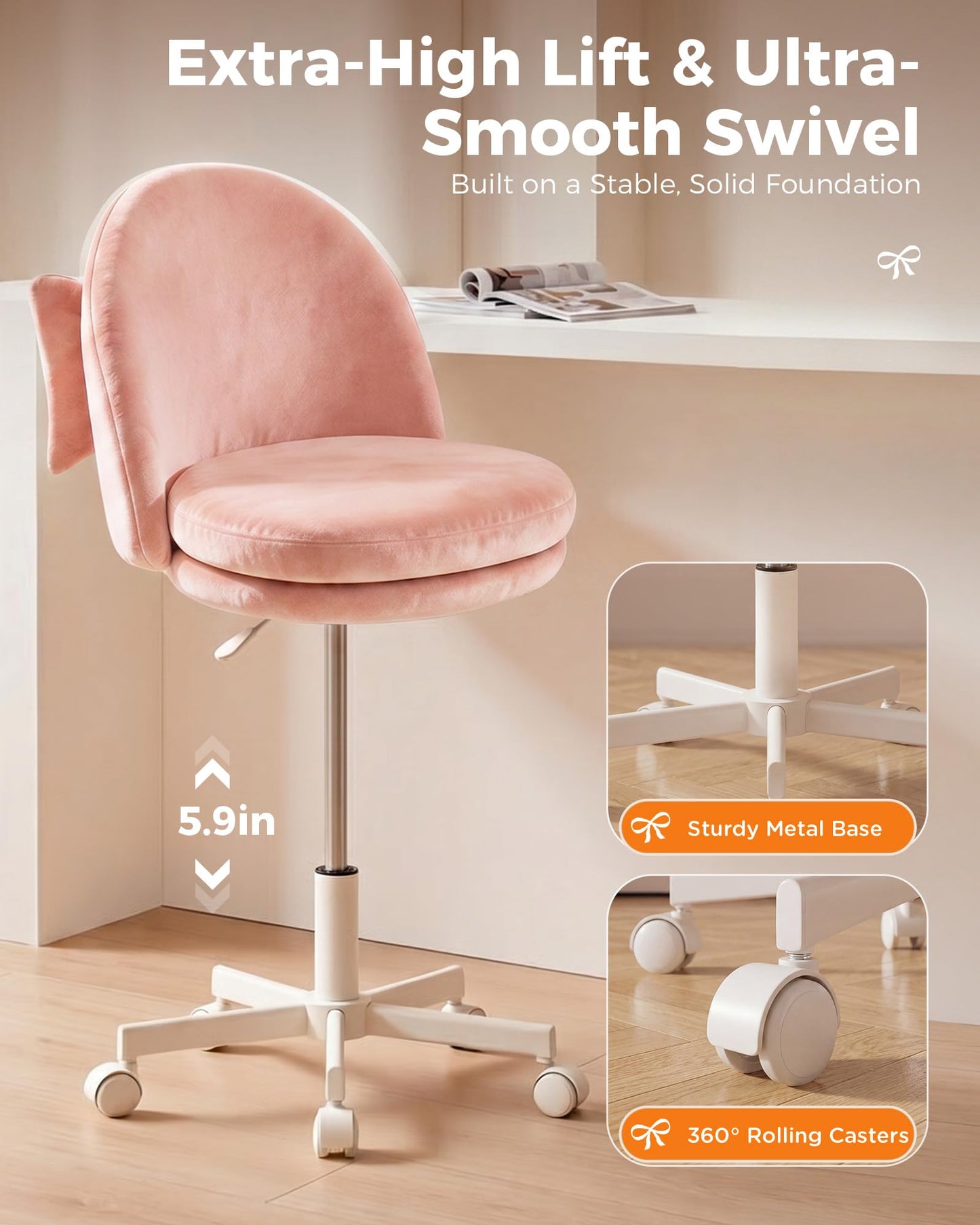 GTPLAYER Velvet Tall Office Chair with Wheels Vanity Chairs with Back, Versatile Height Use: Office to Bar Stools Small Ergonomic Comfy Armlees Computer Desk Chair with Bow Lumbar Pillow for Gift
