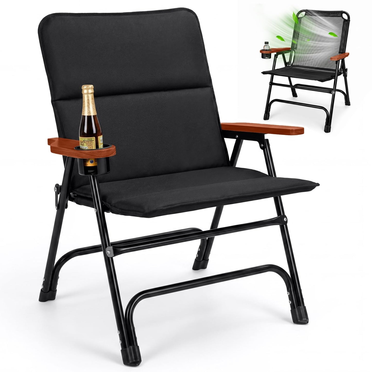 Padded Oversized Folding Camping Chair for Adults, Removable Cotton Pad Lawn Chair with Wooden Hard Armrests and Cup Holders, Portable Collapsible Quad Chair for Outside, Support up to 400lbs, Black