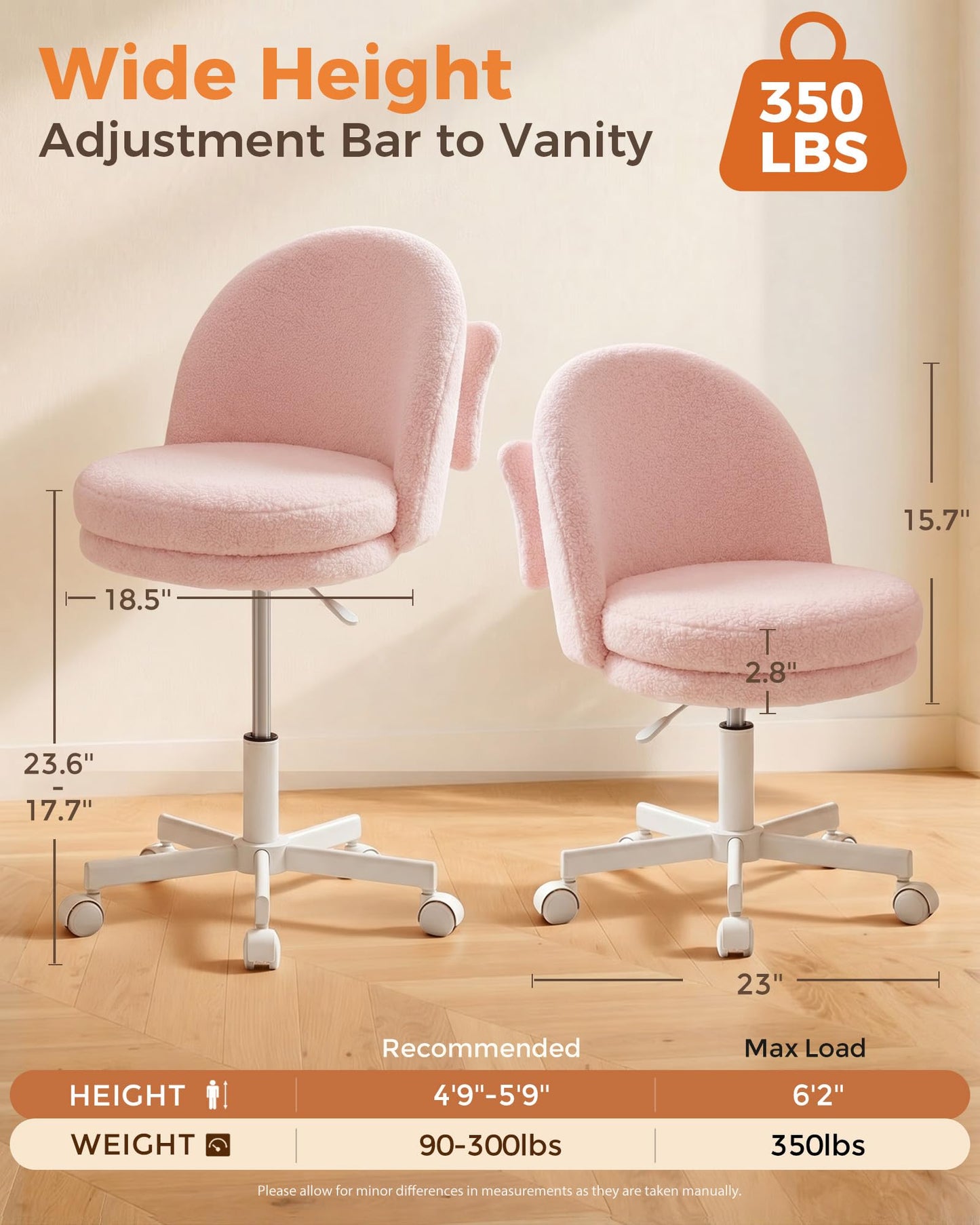 GTPLAYER Velvet Tall Office Chair with Wheels Vanity Chairs with Back, Versatile Height Use: Office to Bar Stools Small Ergonomic Comfy Armlees Computer Desk Chair with Bow Lumbar Pillow for Gift