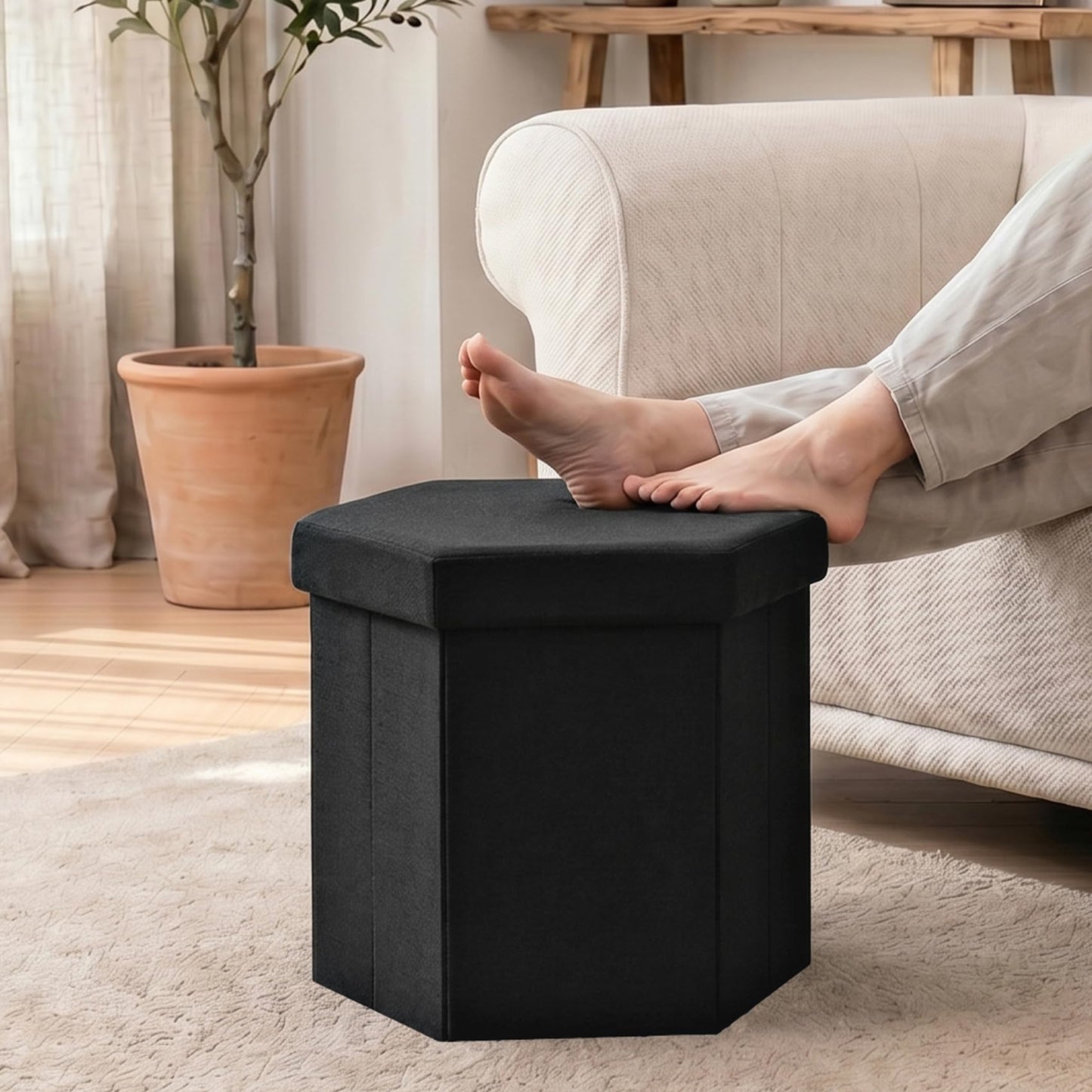 ZOLANOful Hexagon Storage Ottoman, Foldable Linen Footrest with Hidden Storage, Upholstered Ottoman Footstool for Living Room, Bedroom, Dorm, Entryway, 15 x 16.9 x 15 Inches, Black
