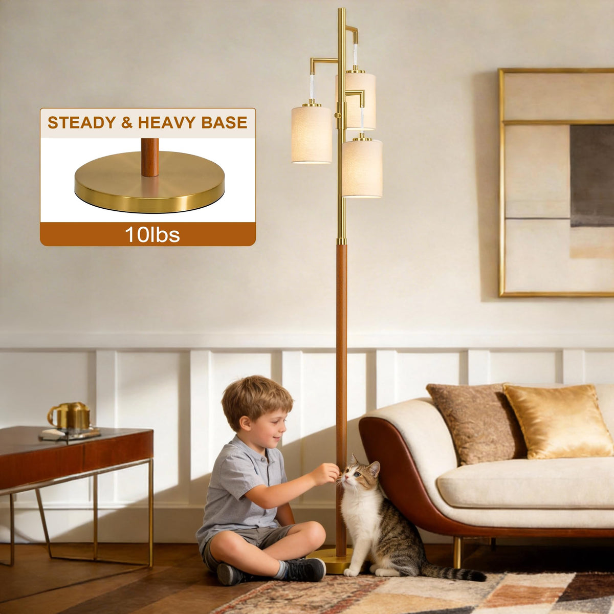 G-SAFAVA 70" Wood Floor Lamp Dimmable Floor Lamps for Living Room Bedroom Mid Century Modern Floor Lamp Gold Standing Lamp Tall Lamps for Office Nursery Reading Elegant Stand Up Lamp, 3 Bulbs Included