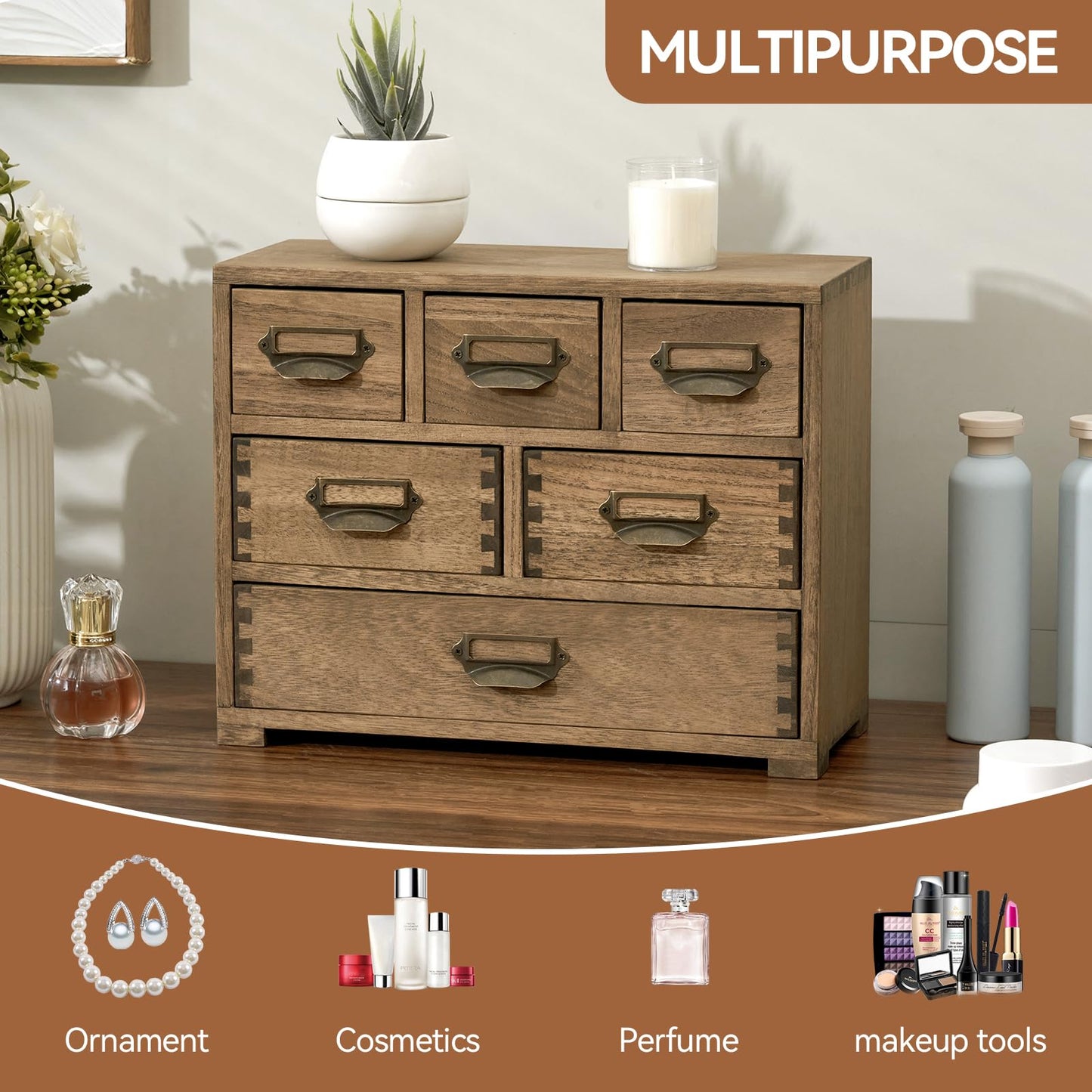 KIRIGEN Wood Desk Drawer Cabinet Organizer, 6-Drawer Mini Storage Chest with Metal Label Holder Handles, Fully Assembled Desktop Organizer for Office Supplies, Crafts, Makeup, Brown 3D6CG-DBR