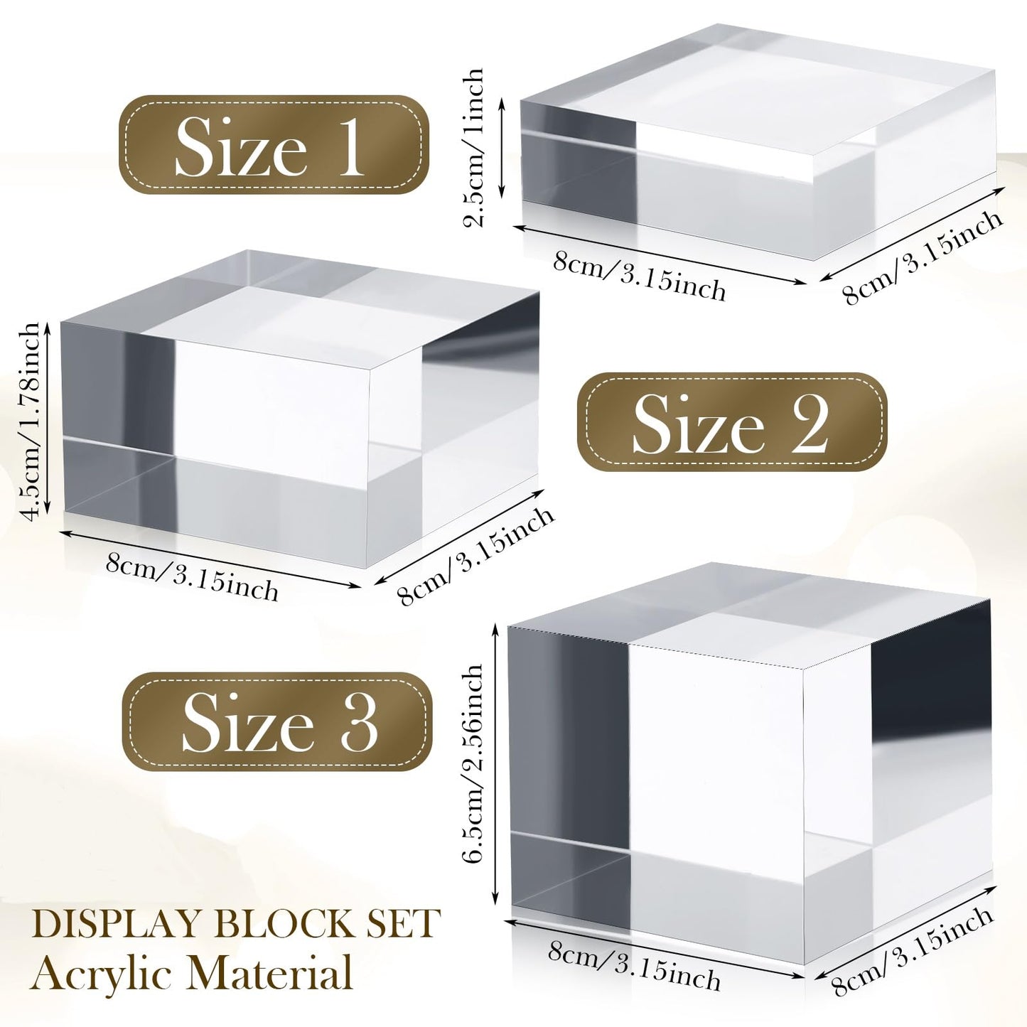 Geelin 3 Pcs Acrylic Risers Stand Display Block Decor Riser 3 Size Decor Clear Polished Cube Solid Pedestal Stand for Jewelry Perfume Photography Collection Food Doll Wedding High Density (Square)