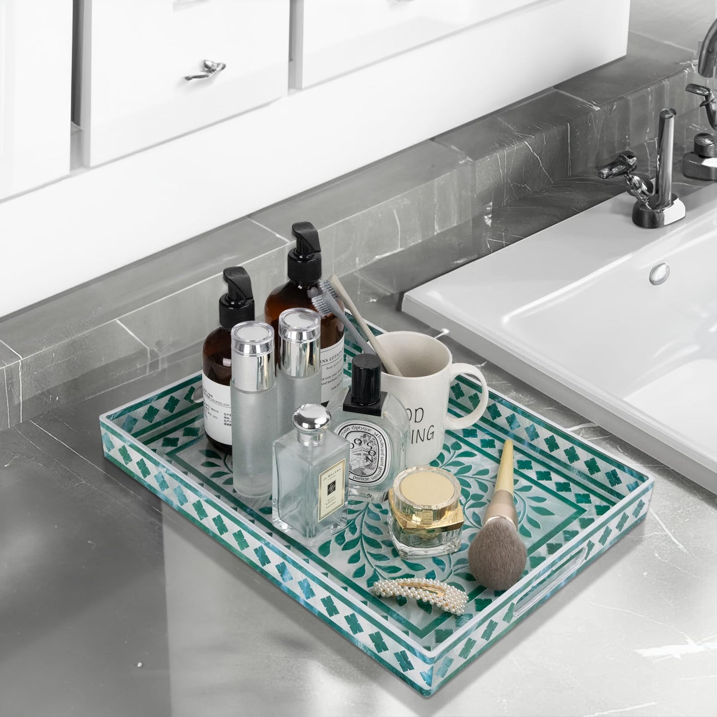 MAONAME Rectangular Decorative Tray, Plastic Serving Tray with Handles, Modern Green Trays for Ottoman, Coffee Table Trays for Living Room, Home Decor, 15.7" x 11.8" x 1.6"
