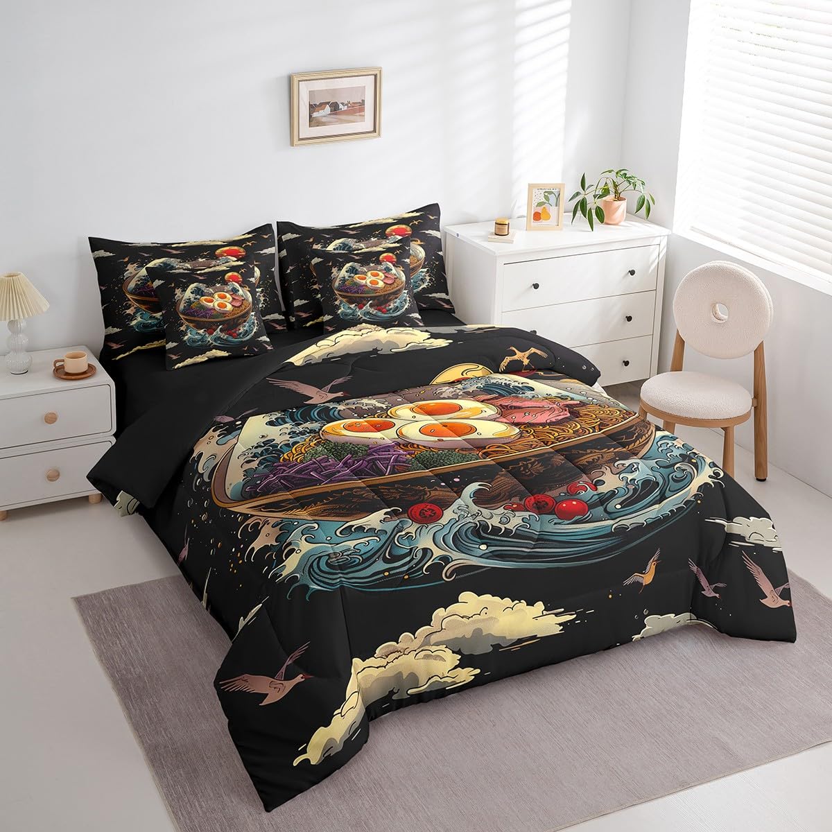 Erosebridal Ramen Noodle Queen Bedding Set,Japanese Ocean Waves Bed Set 7 Piece Funny Food Gifts for Ramen Lovers,Japanese Crane Comforter Set with Fitted+Flat Sheet,Pillowcases,Throw Pillow Covers