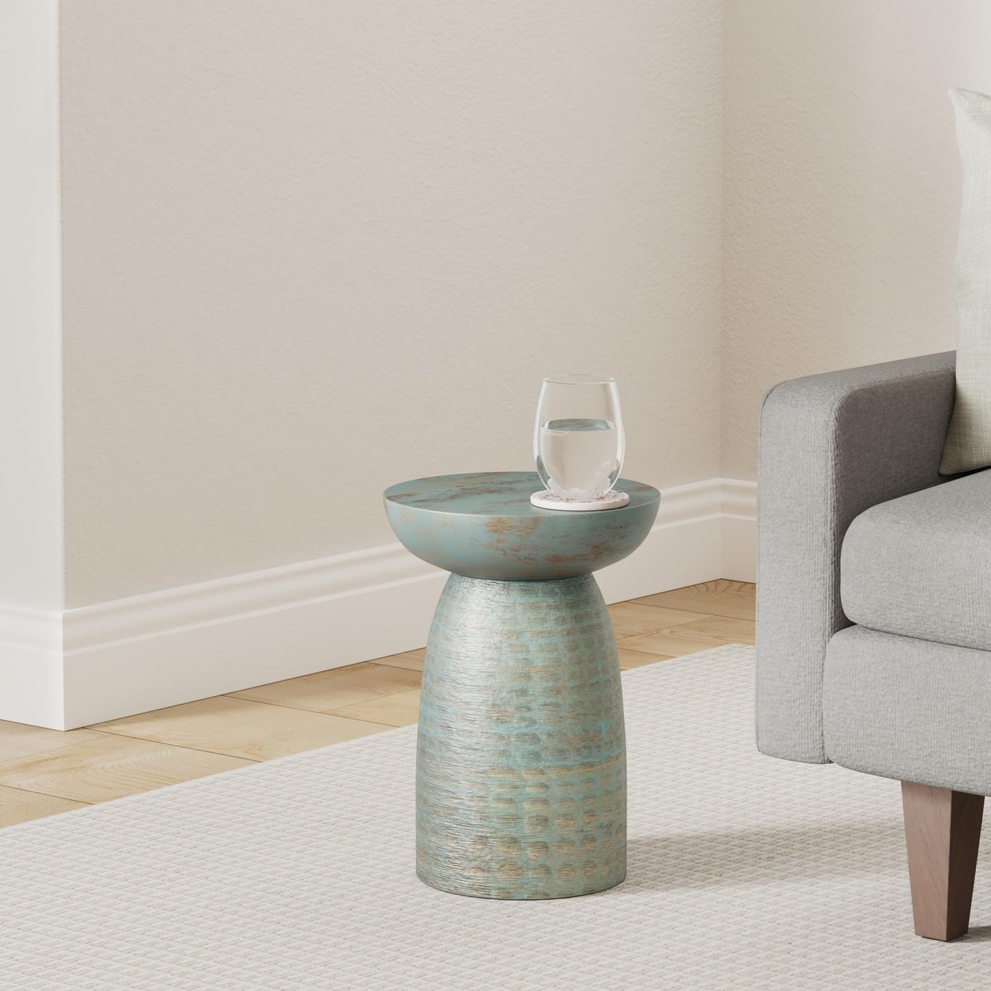 SIMPLIHOME Boyd End Table - 13" Wide x 18" High Solid Mango Wood Round Accent Table in Teal Wash, Handcrafted Contemporary Nightstand or Lamp Stand for Living Room, Bedroom, or Office, Assembled