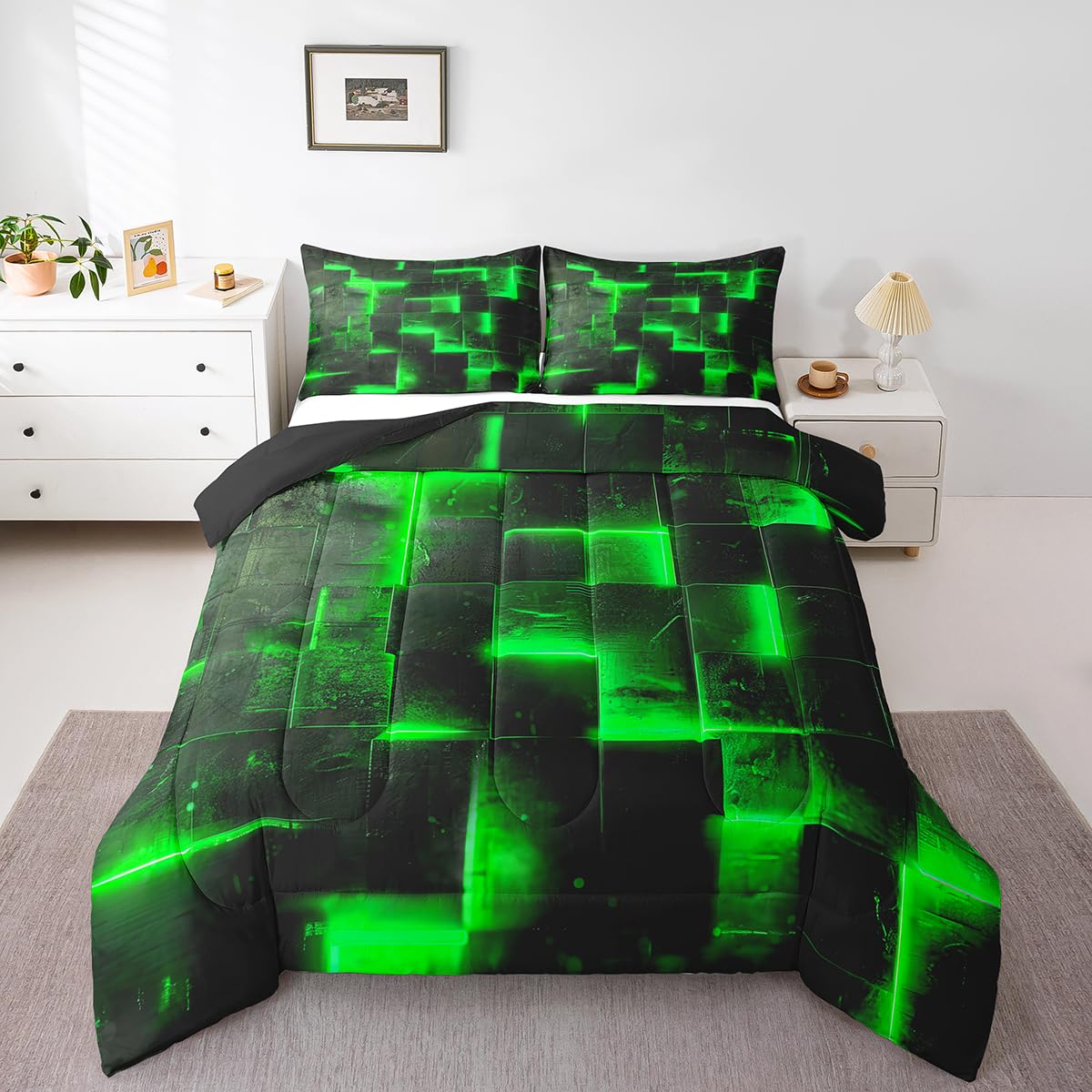 3D Geometric Bedding Set Twin Abstract Aesthetic Twin Comforter, Black and Green Duvet Insert Glowing Futuristic Cubes Quilt Comforter, Neon Grid Bedding Comforters & Sets 2pcs (Black Reversible)