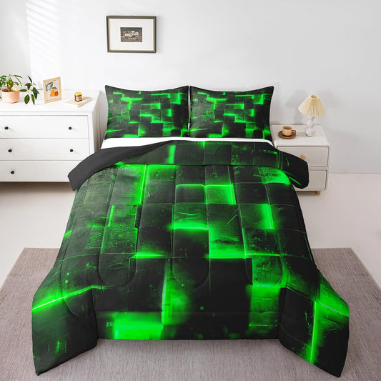 3D Geometric Bedding Set Twin Abstract Aesthetic Twin Comforter, Black and Green Duvet Insert Glowing Futuristic Cubes Quilt Comforter, Neon Grid Bedding Comforters & Sets 2pcs (Black Reversible)
