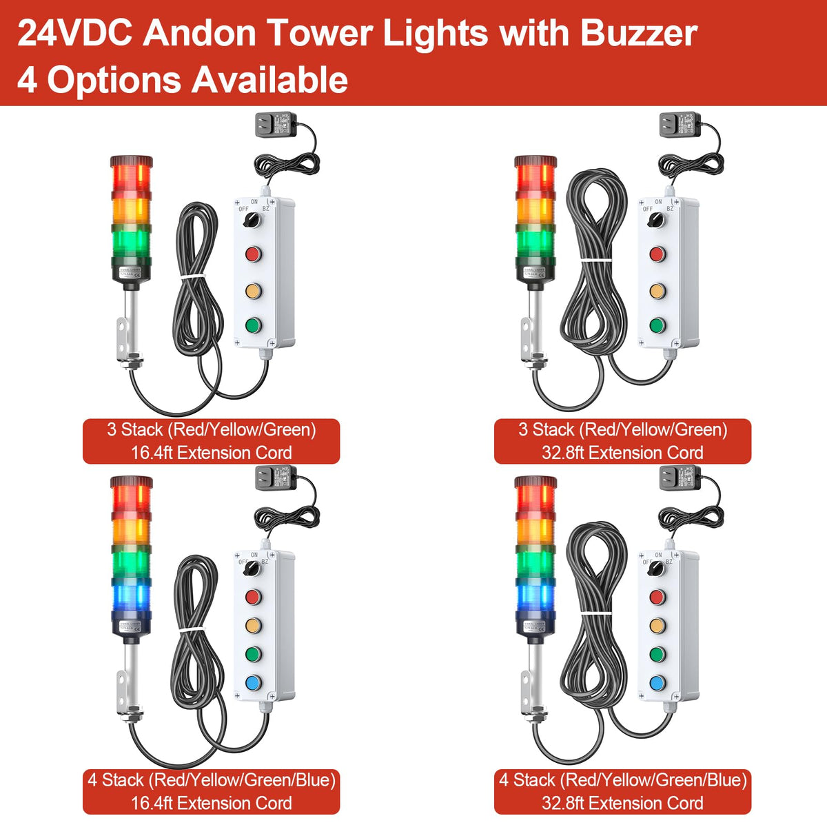 4 Stack Super Bright LED Andon Tower Light with Buzzer, 24VDC Red/Yellow/Green/Blue, Off-ON Switch, 16.4ft Extension Cord, 9.8ft Power Adapter, Plug Play Ready, for Factory Automation & Safety Alarms