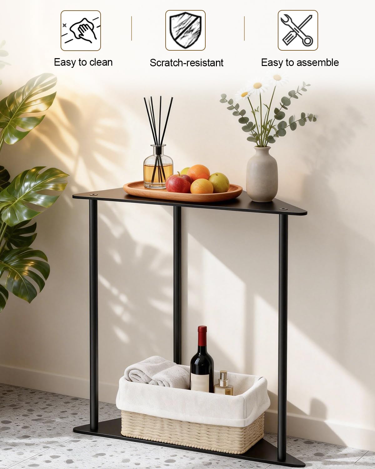 Yawinhe Metal Side Table,Triangle End Table with 2-Tier Storage Shelves,Triangular Nightstand Bedside Table for Small Spaces,Small Triangle Coffee Table for Living Rooms,Bedrooms,Black, SZJ202B-1