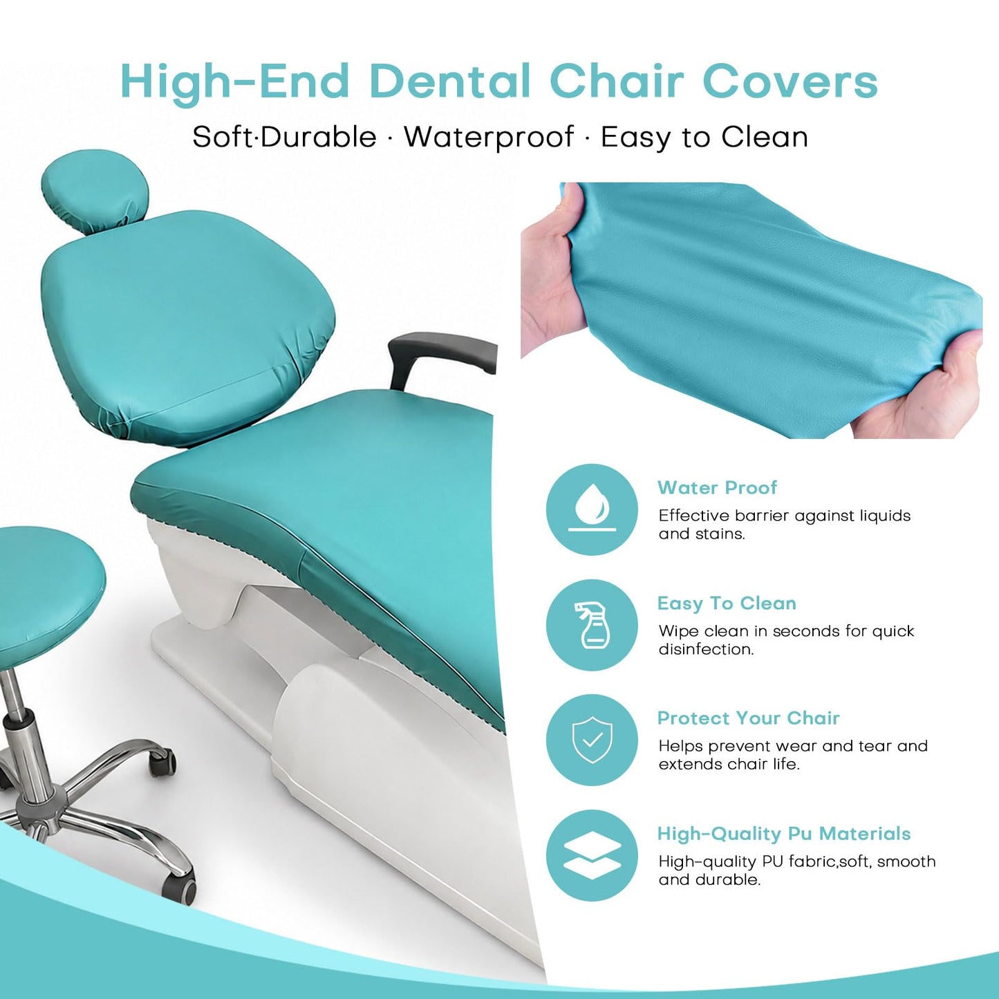 buyzg 5Pcs Dental Chair Covers Set - Waterproof & Non-Slip PU Leather Elastic Full Covers with Foot, Seat, Headrest & Backrest Protectors for Dental Clinic Chairs(Lake Blue)