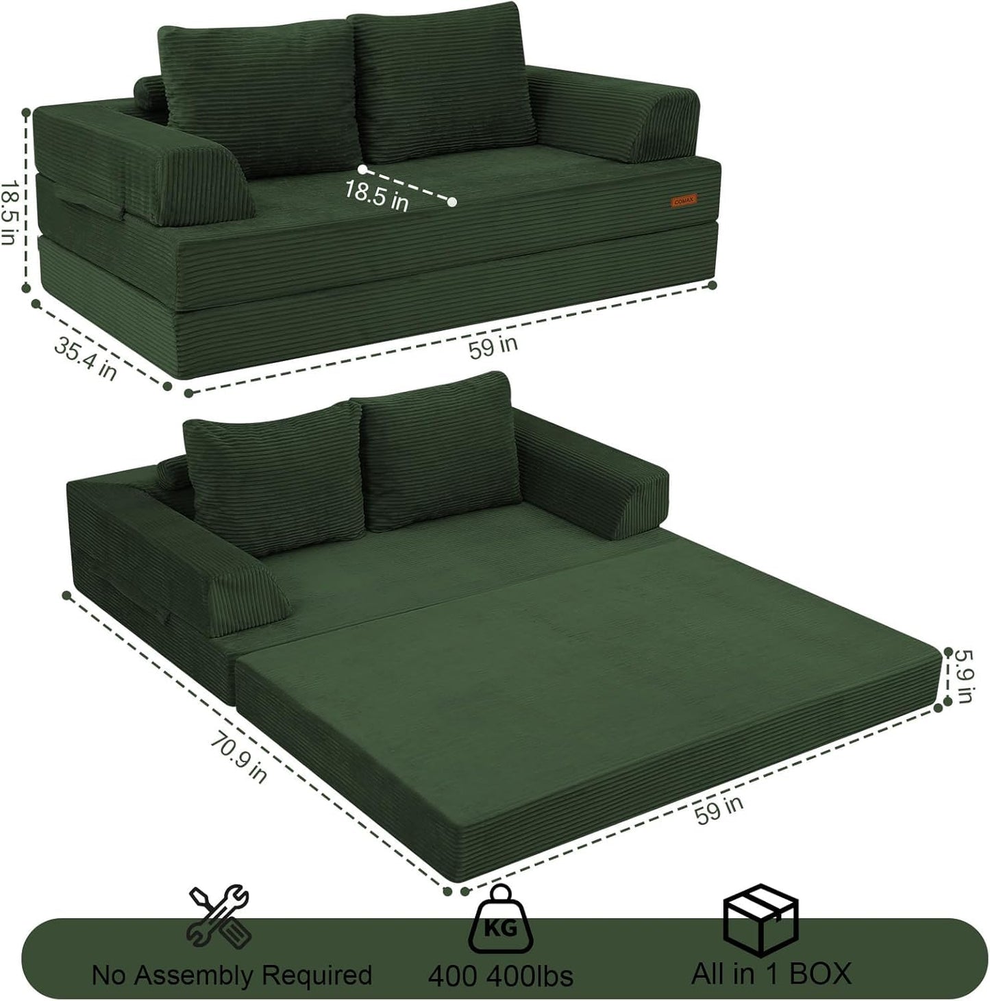 COMAX Convertible Sofa Bed, Folding Floor Couch Corduroy Fold Out Couch Bed Futon Sleeper Mattress with Pillows, Boneless Sofa Comfy Lounge Loveseat for Living Room Bedroom, Green